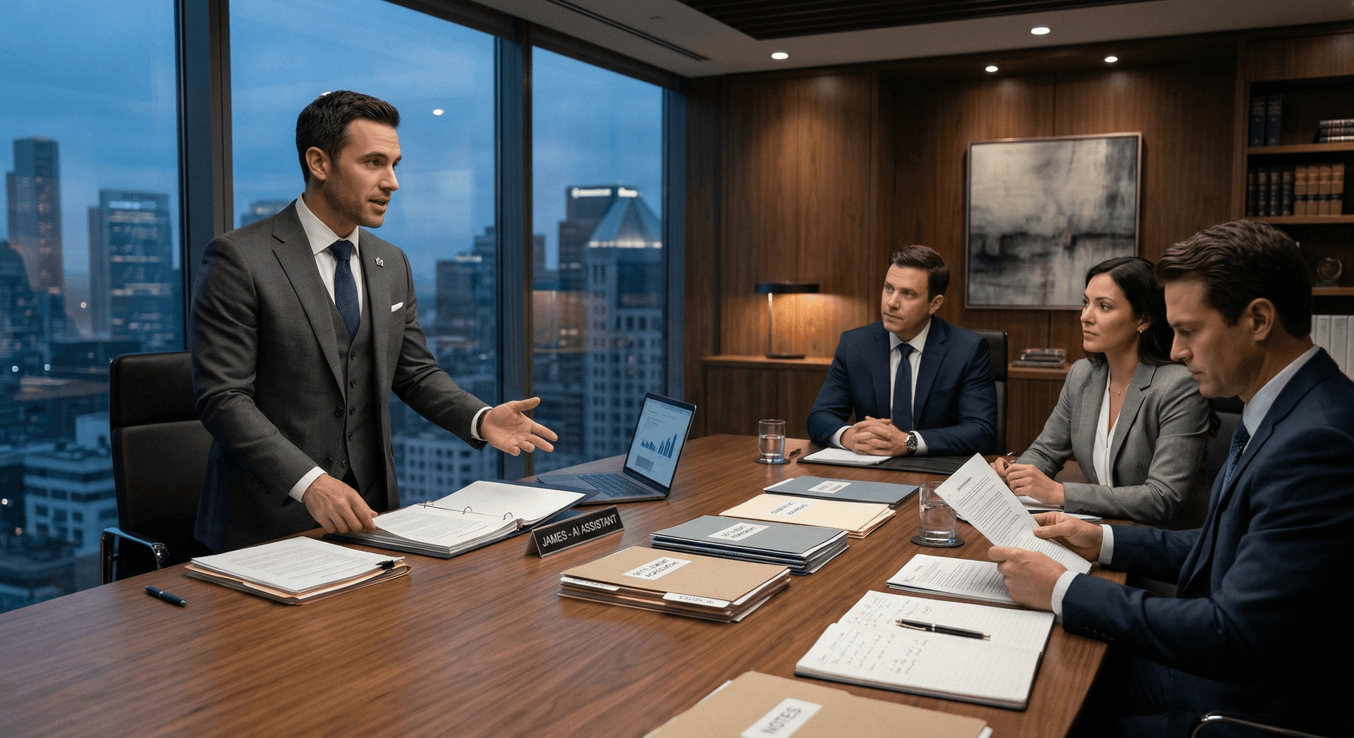 James the AI Employee leads a case strategy meeting at a personal injury law firm — presenting analysis to the legal team in a modern conference room