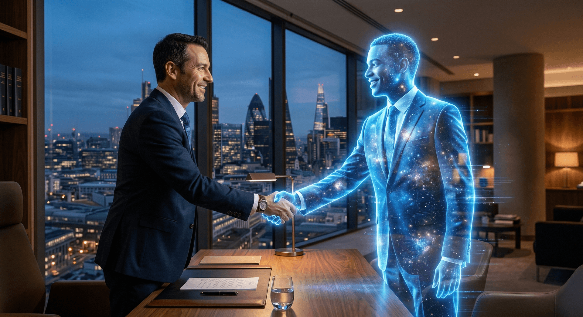 An attorney shakes hands with a holographic AI Employee — symbolizing the trusted partnership between human legal expertise and AI-powered case management