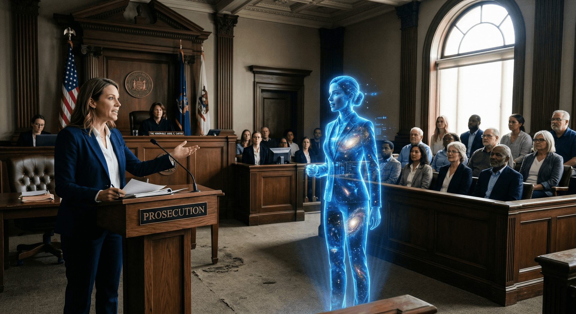 An attorney presents a case in court while a holographic AI Employee assists with real-time case analysis and documentation support