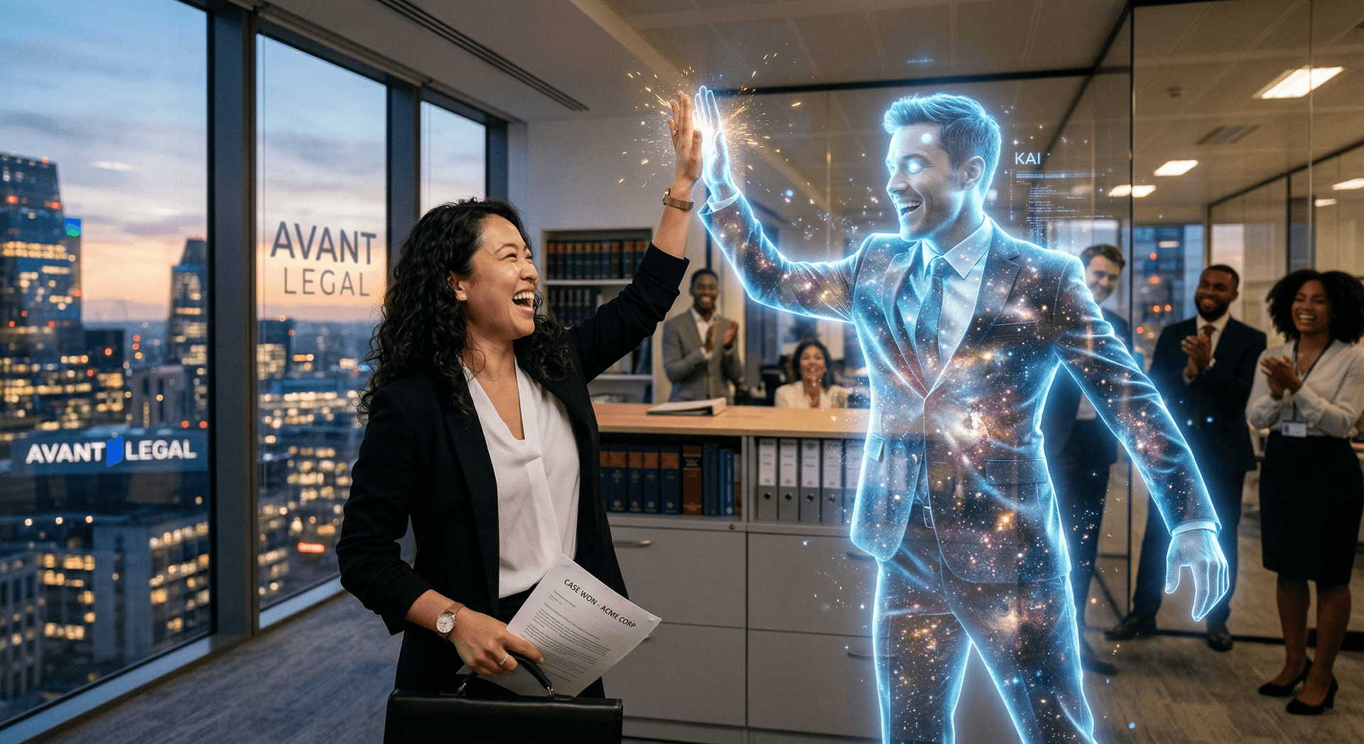 An attorney and holographic AI Employee celebrate a case victory with a high-five — representing the measurable results AI Employees deliver for personal injury firms