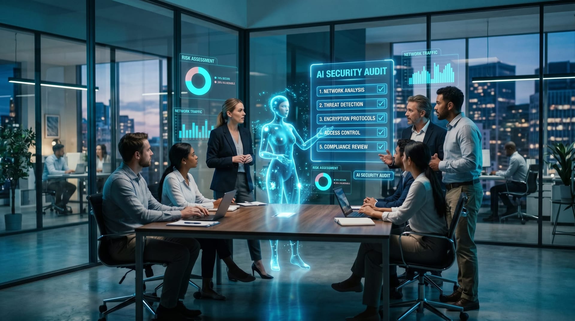 Business team running an AI security audit on a holographic cyan five-check panel across an AI stack in a glass-walled office