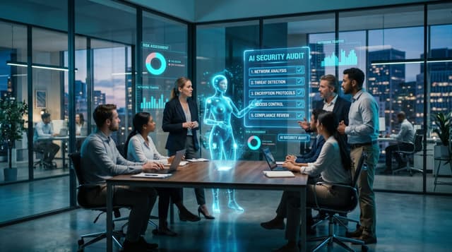 Business team running an AI security audit on a holographic cyan five-check panel across an AI stack in a glass-walled office