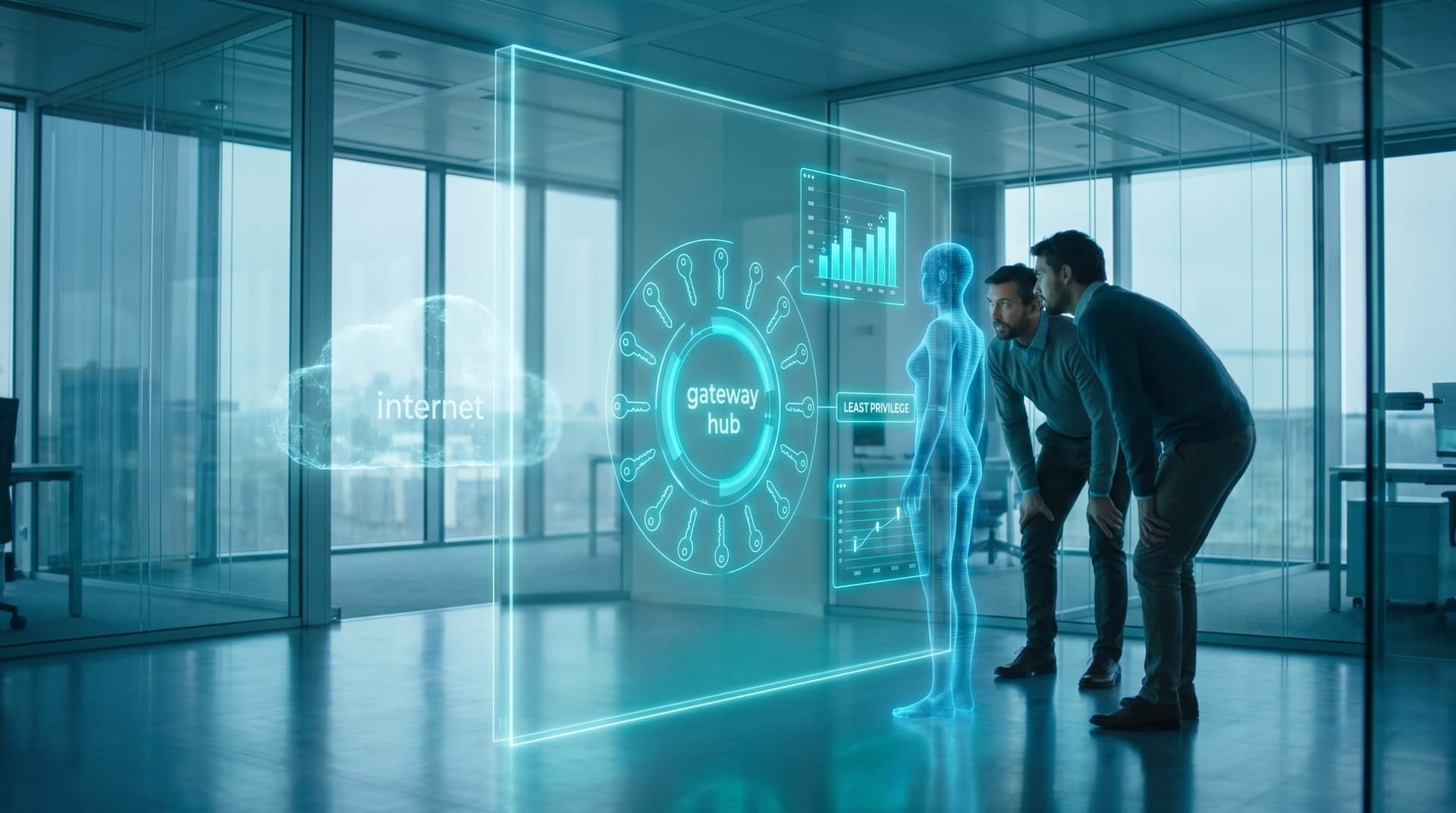 Holographic gateway hub holding a glowing ring of provider keys with a least-privilege barrier separating it from the public internet