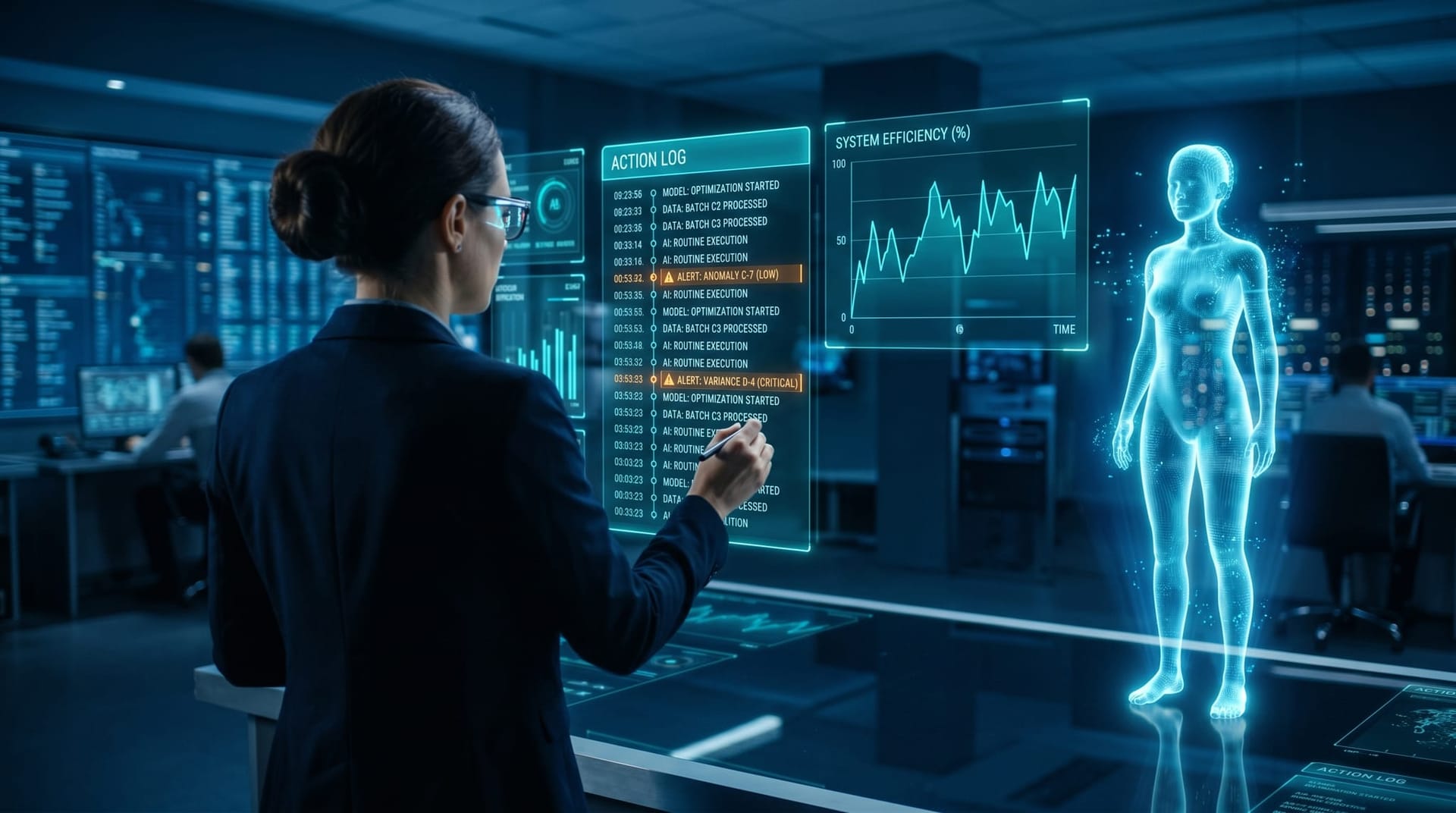 Operations professional reviewing a holographic activity-log timeline of AI actions with alert markers on a cyan monitor panel