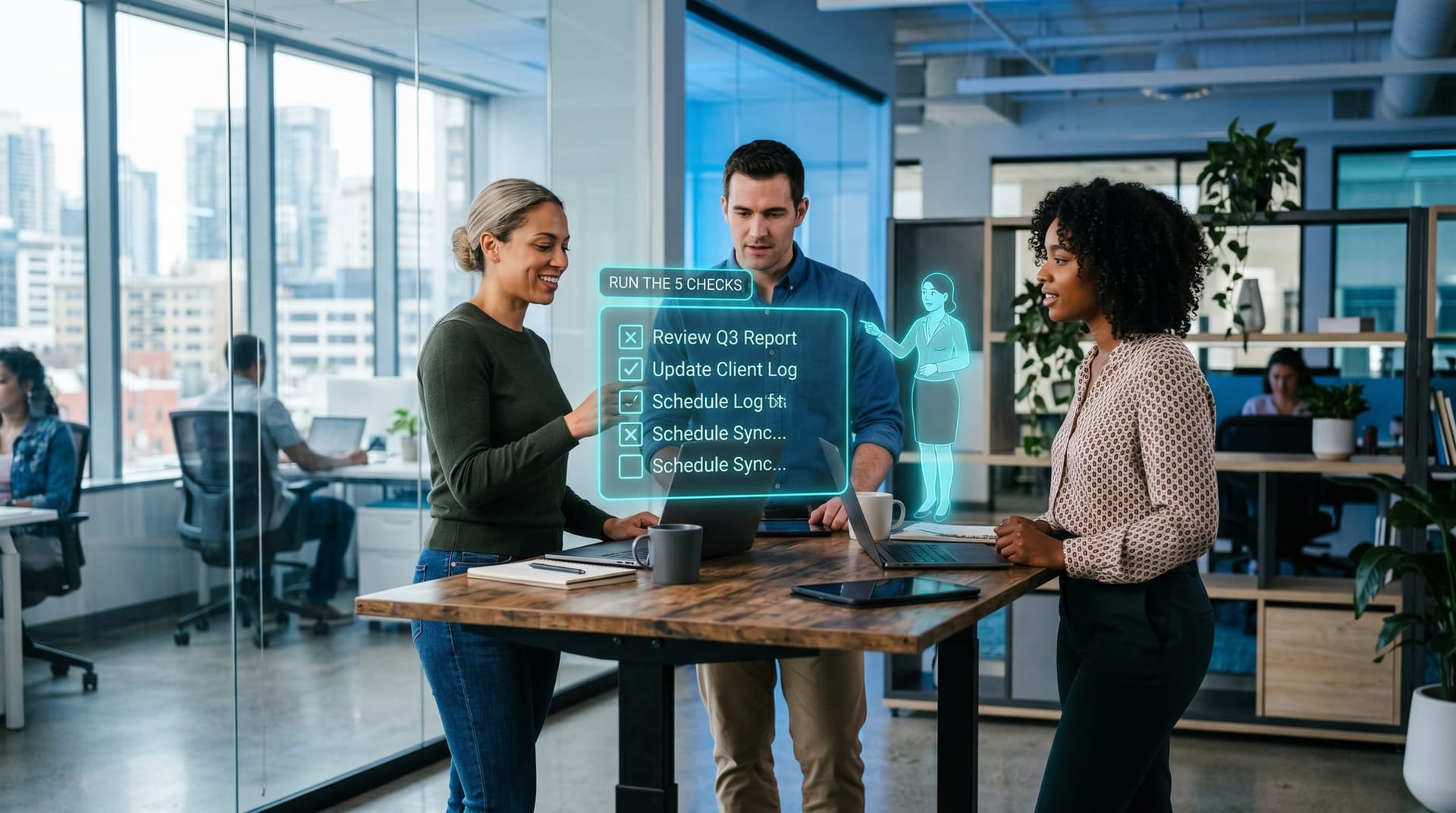 Small Northeast Indiana office team working through an AI security checklist together on a floating cyan panel in a bright workspace