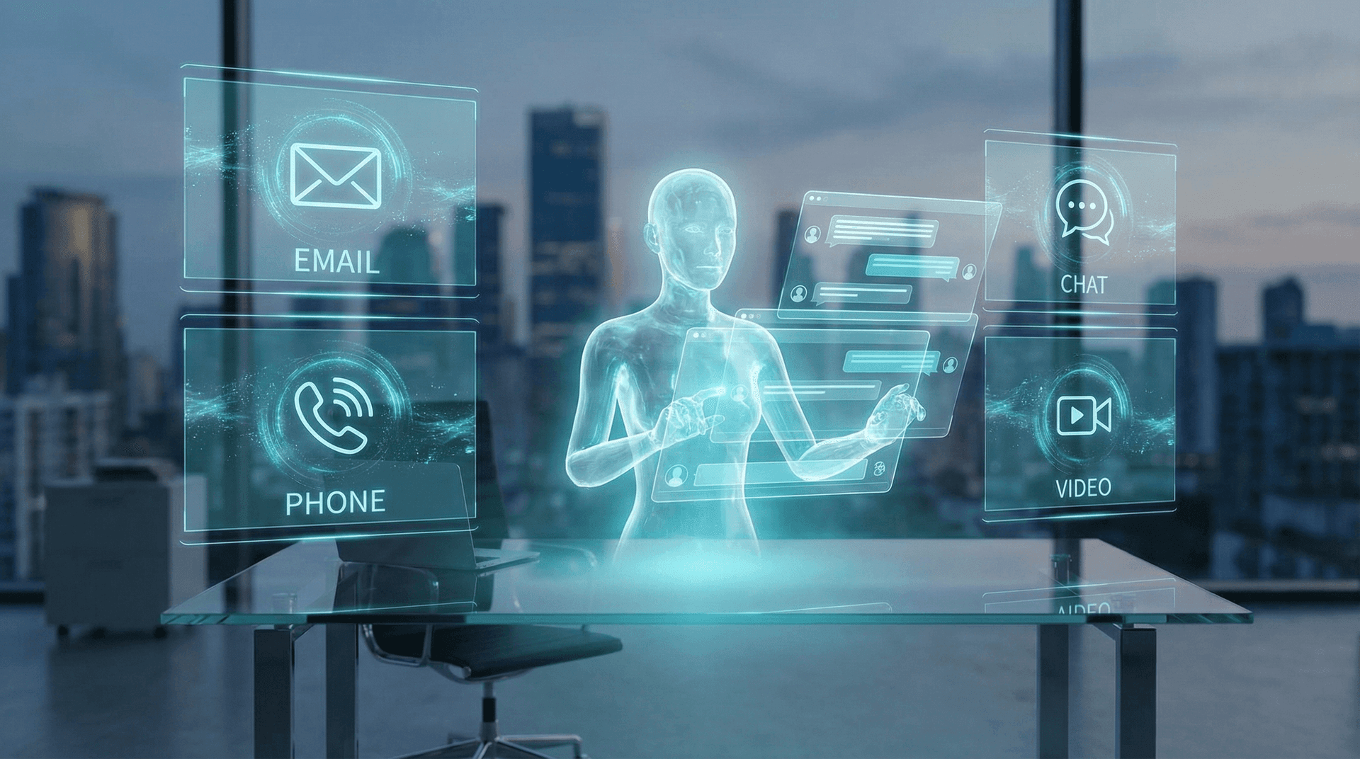 Visual overview of 98 AI employee capabilities organized across nine business domains including communication, sales, operations, and executive strategy