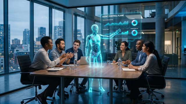 A diverse business team at a glass-walled conference table with a translucent cyan holographic AI Employee avatar gesturing toward a floating control-plane dashboard panel.