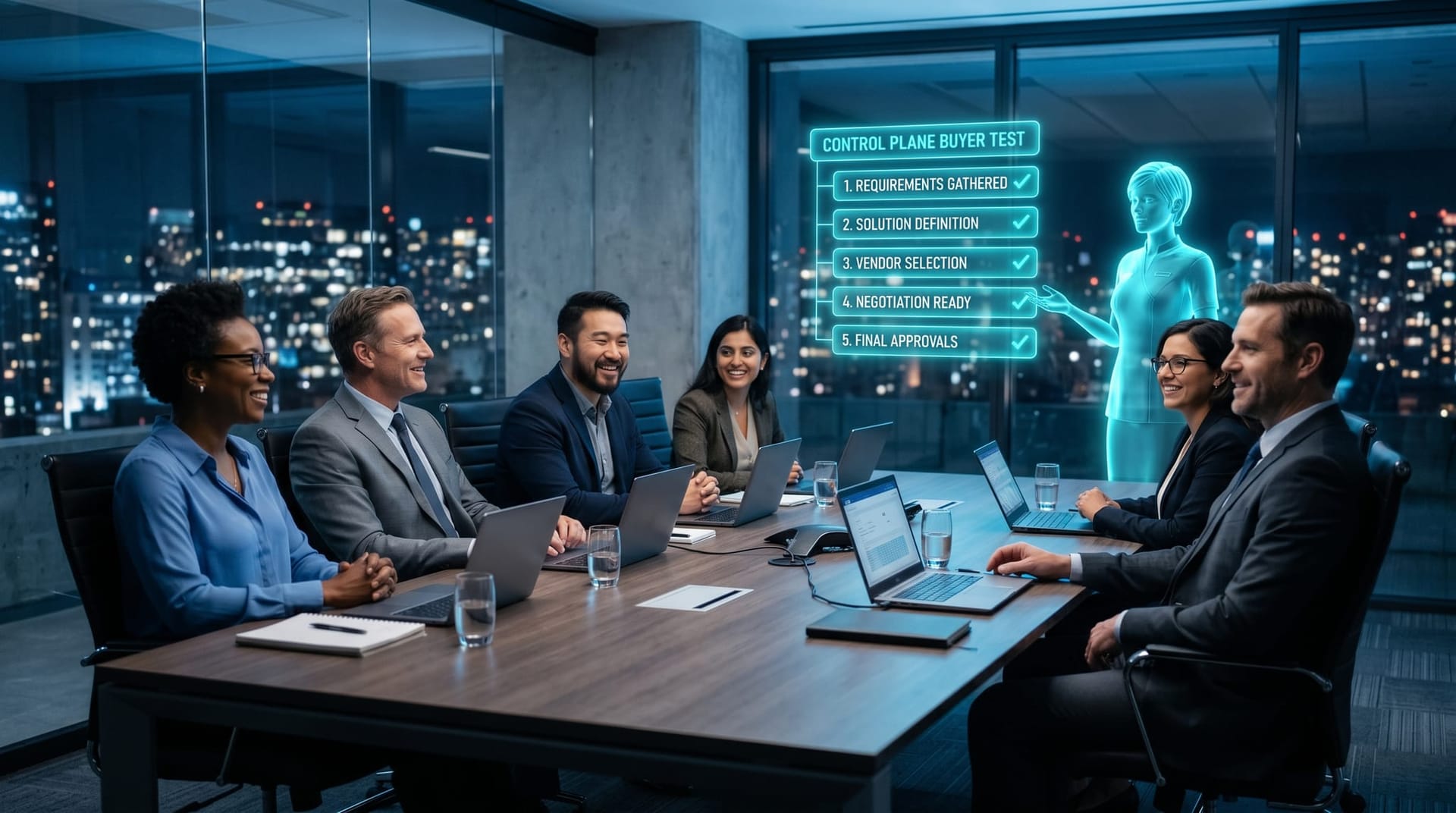 A boardroom team in business attire applauding and reacting to a hologram demo showing a five-question buyer test panel with cyan-glow checkmarks beside each question.