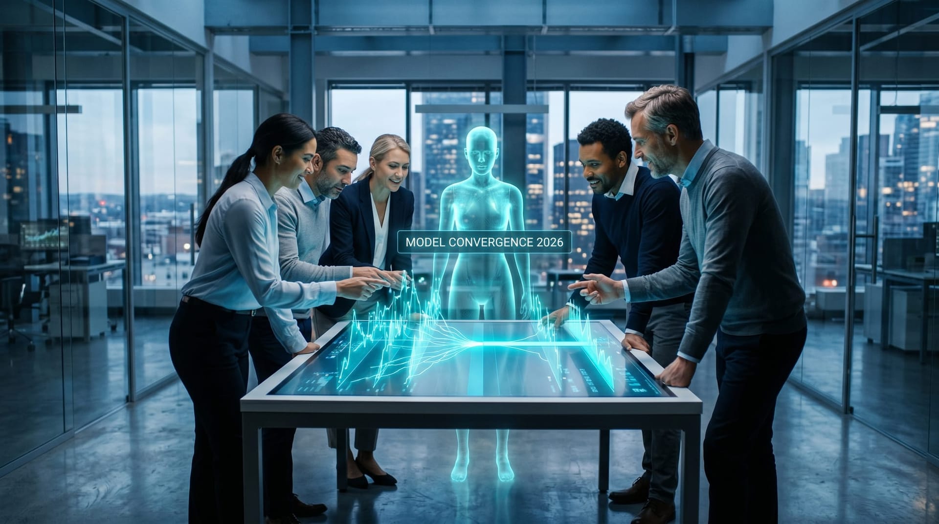 Five colleagues around an interactive table display reviewing converging benchmark line charts that show AI model capabilities flattening, with cyan glow panels reading MODEL CONVERGENCE.