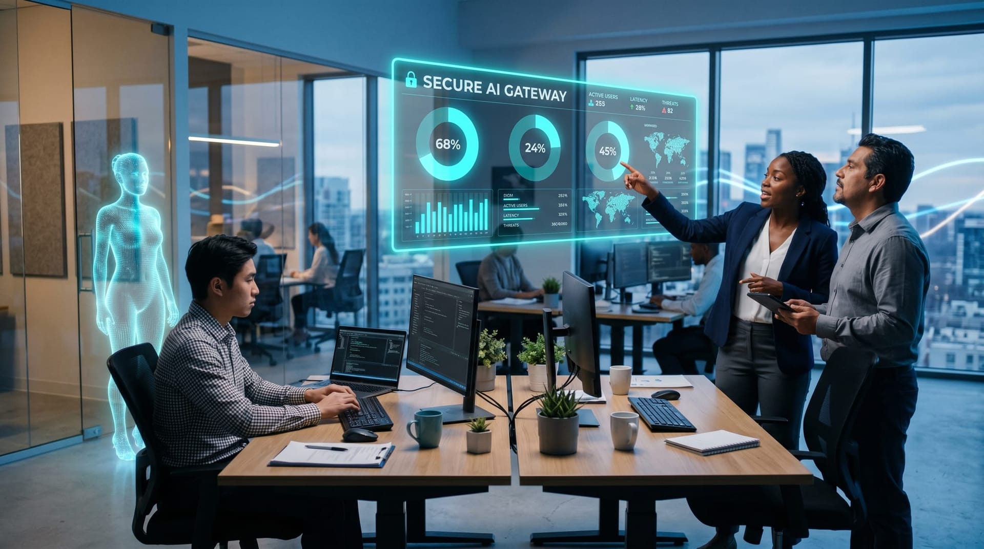 A small mid-market operations team in a modern open office space reviewing a floating cyan gateway dashboard suspended above their workstations as one team member talks with a colleague.