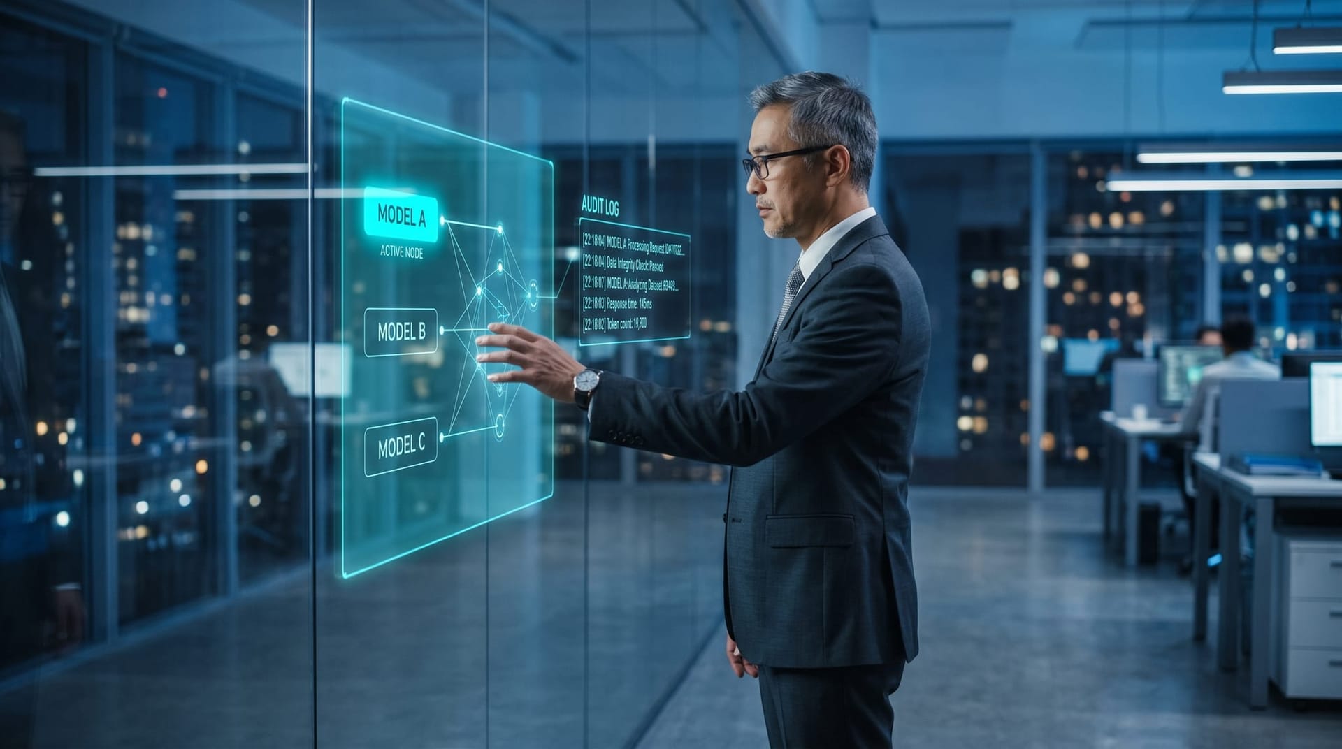 An IT director at a wall-mounted holographic control panel switching between three labeled model provider nodes while a steady floating audit log panel continues writing entries in cyan glow.