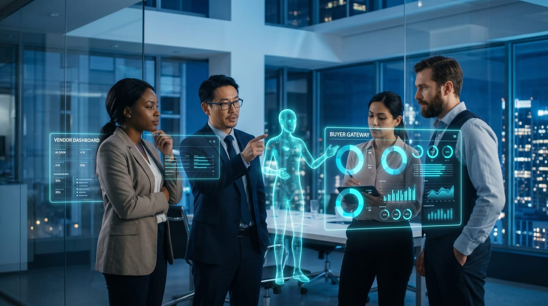 Two side-by-side floating holographic interfaces compared in a glass-walled office — one labeled vendor dashboard, the other labeled gateway — with a business team examining the comparison.