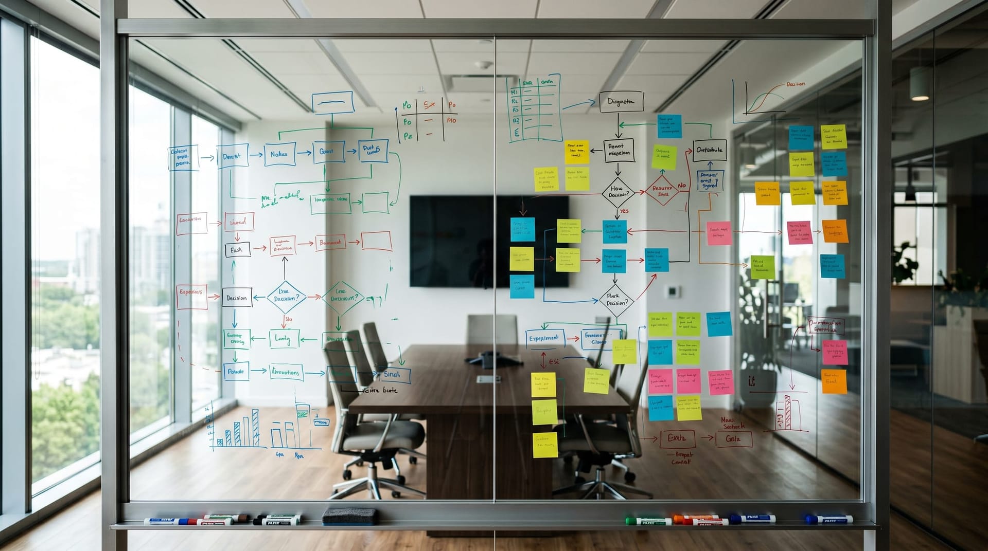 Whiteboard covered with workflow redesign diagrams showing AI agent task decomposition and human oversight layers in an office