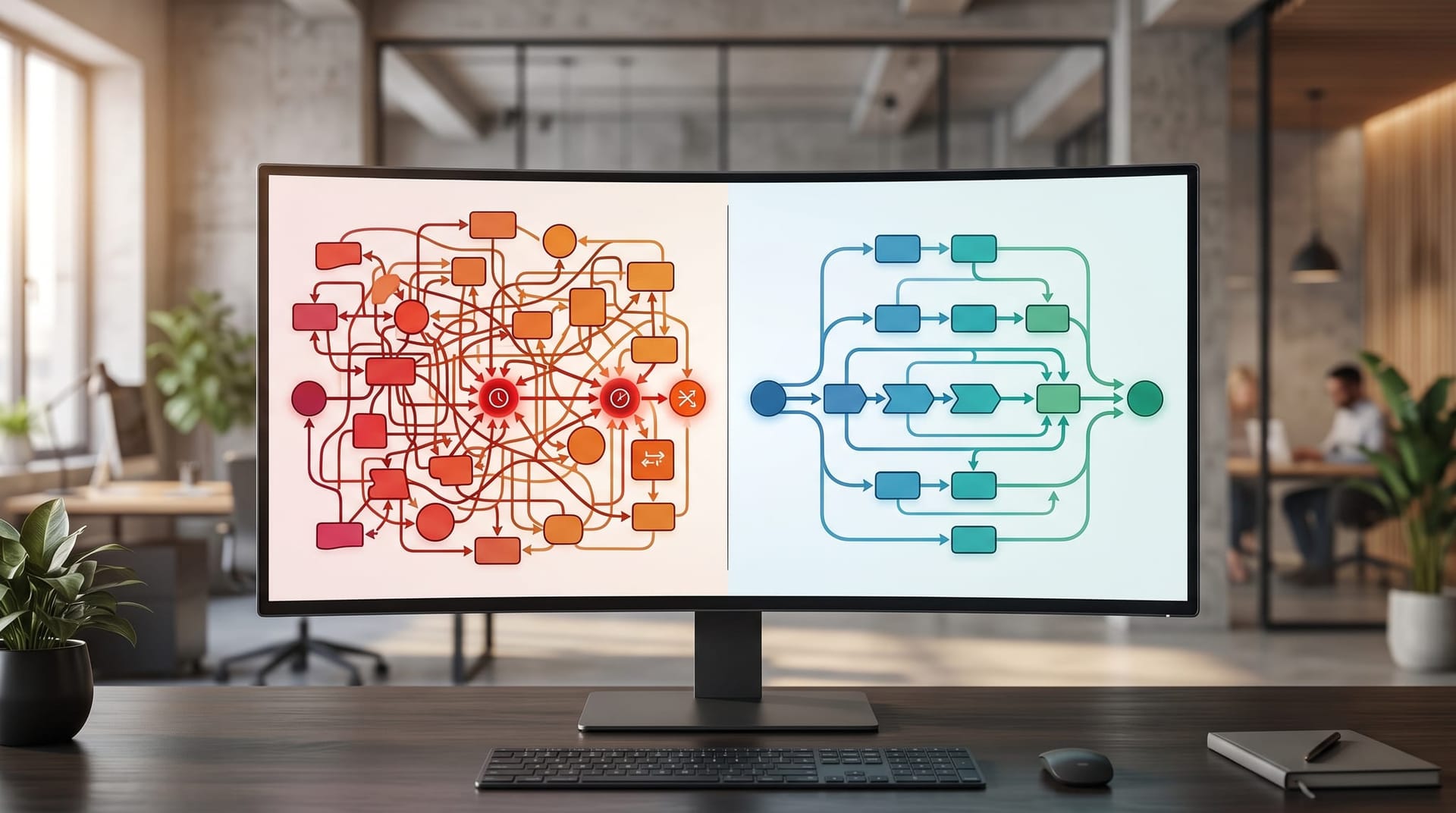 Side-by-side comparison of tangled legacy workflow diagram next to clean streamlined agent-first process design on a monitor