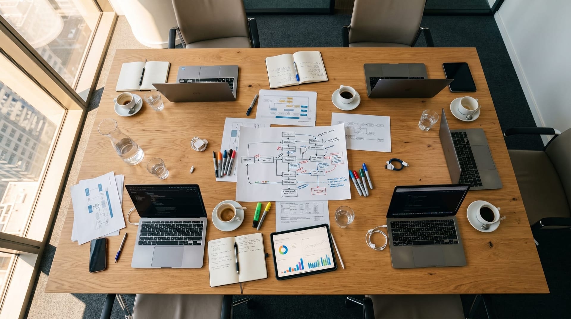 Modern conference room with a strategy session setup showing process redesign materials and laptops ready for AI workflow planning