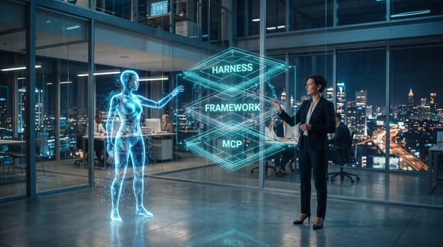 Technical buyer mapping three glowing AI agent layers — harness, framework, and MCP — that own an AI employee's loop, permissions, and recovery