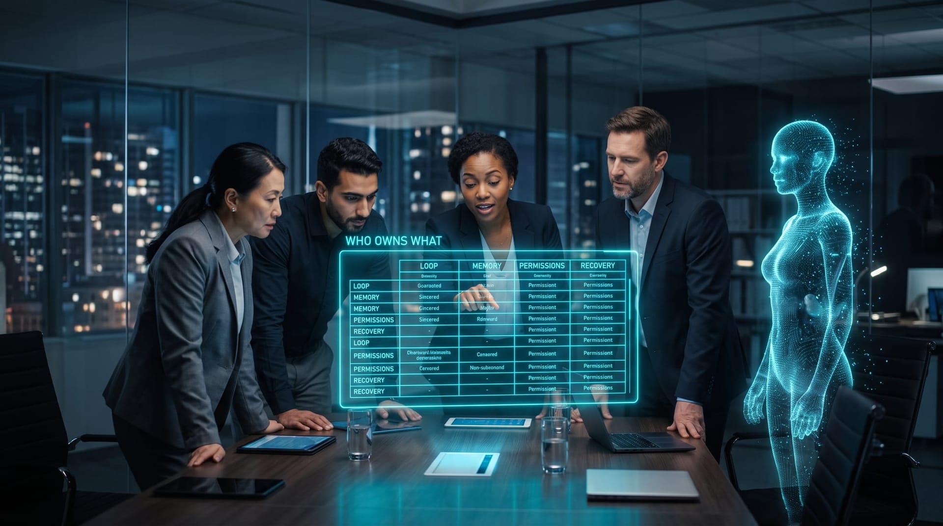 Business leaders reviewing an ownership matrix on a holographic panel showing who owns the AI agent loop, memory, permissions, and recovery