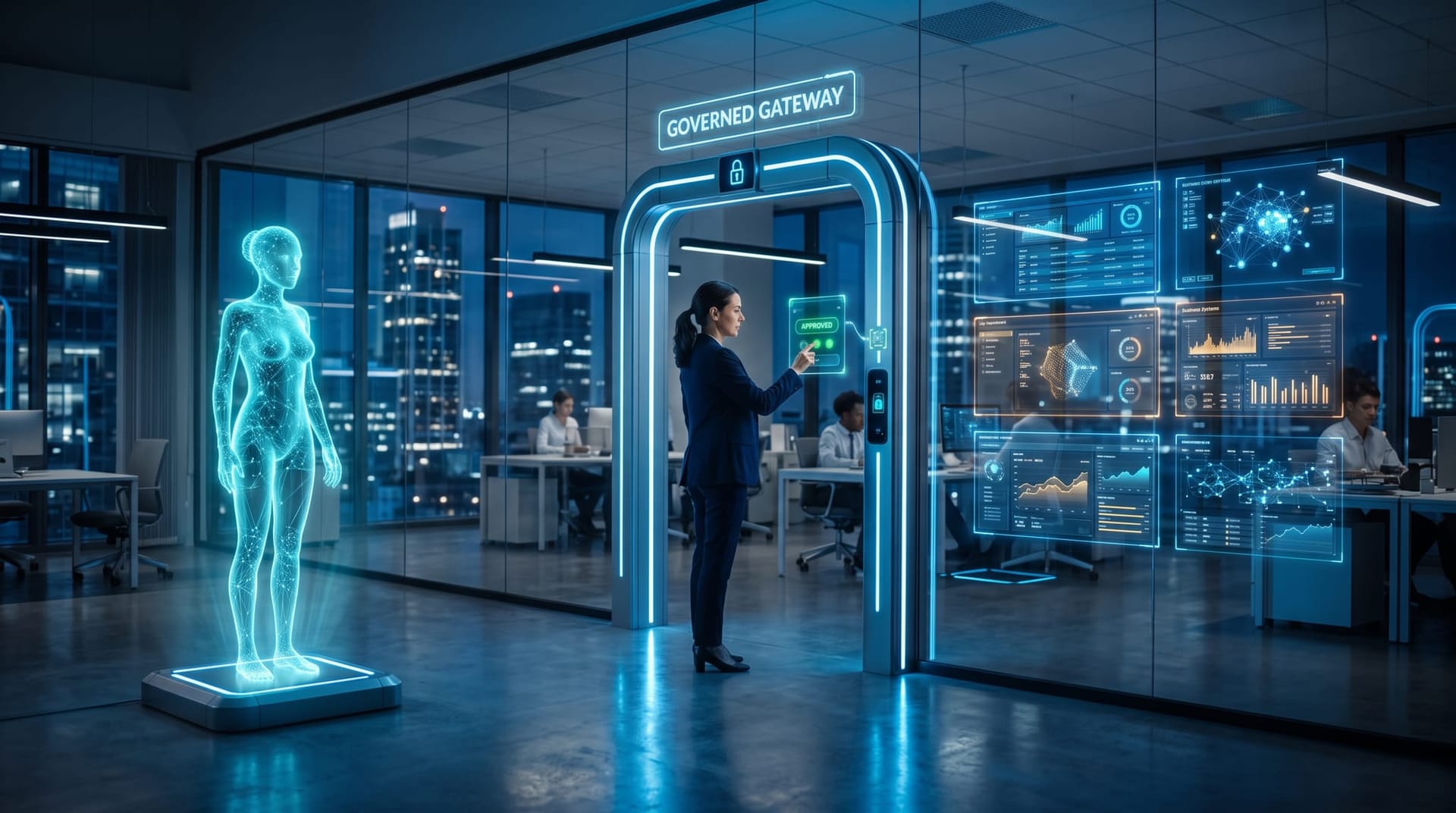 Governed AI gateway enforcing permissions between a holographic AI employee and business systems with a human approval gate in cyan glow