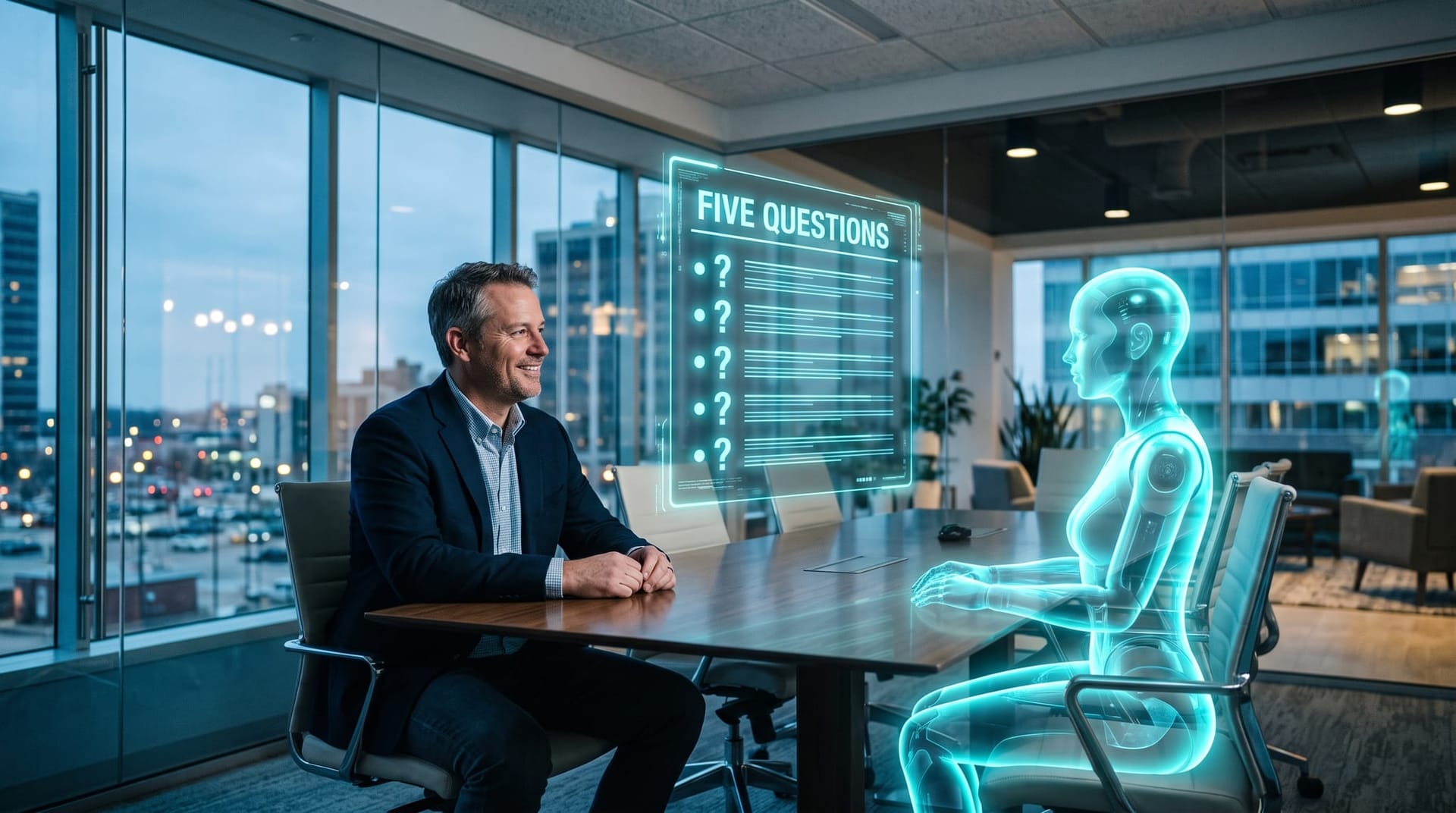 Northeast Indiana business owner asking five vendor questions to a holographic AI employee during a governed AI agent evaluation