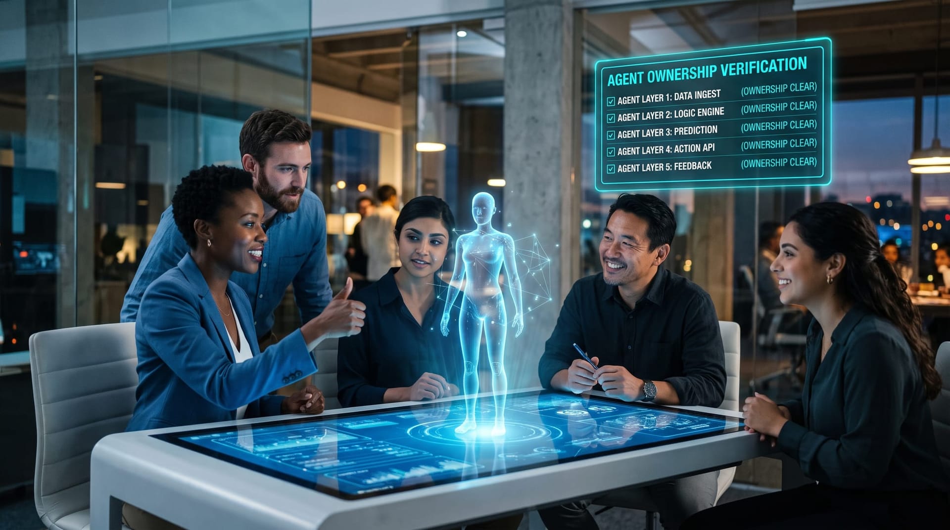 Team confidently signing off on a governed AI employee deployment with clear layer ownership shown on a cyan holographic dashboard