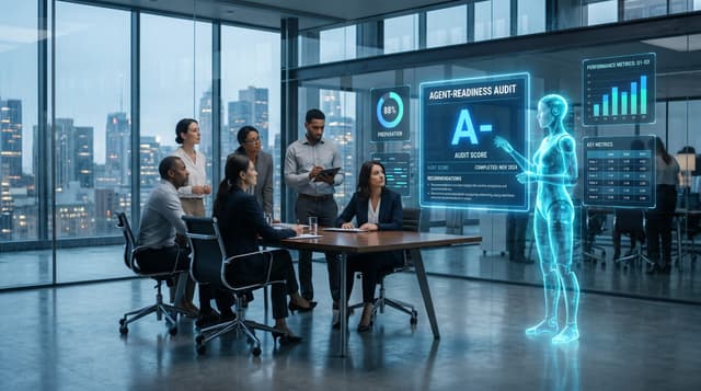 Business team reviewing a holographic agent-readiness audit dashboard grading a website's AI agent compatibility from A+ to F