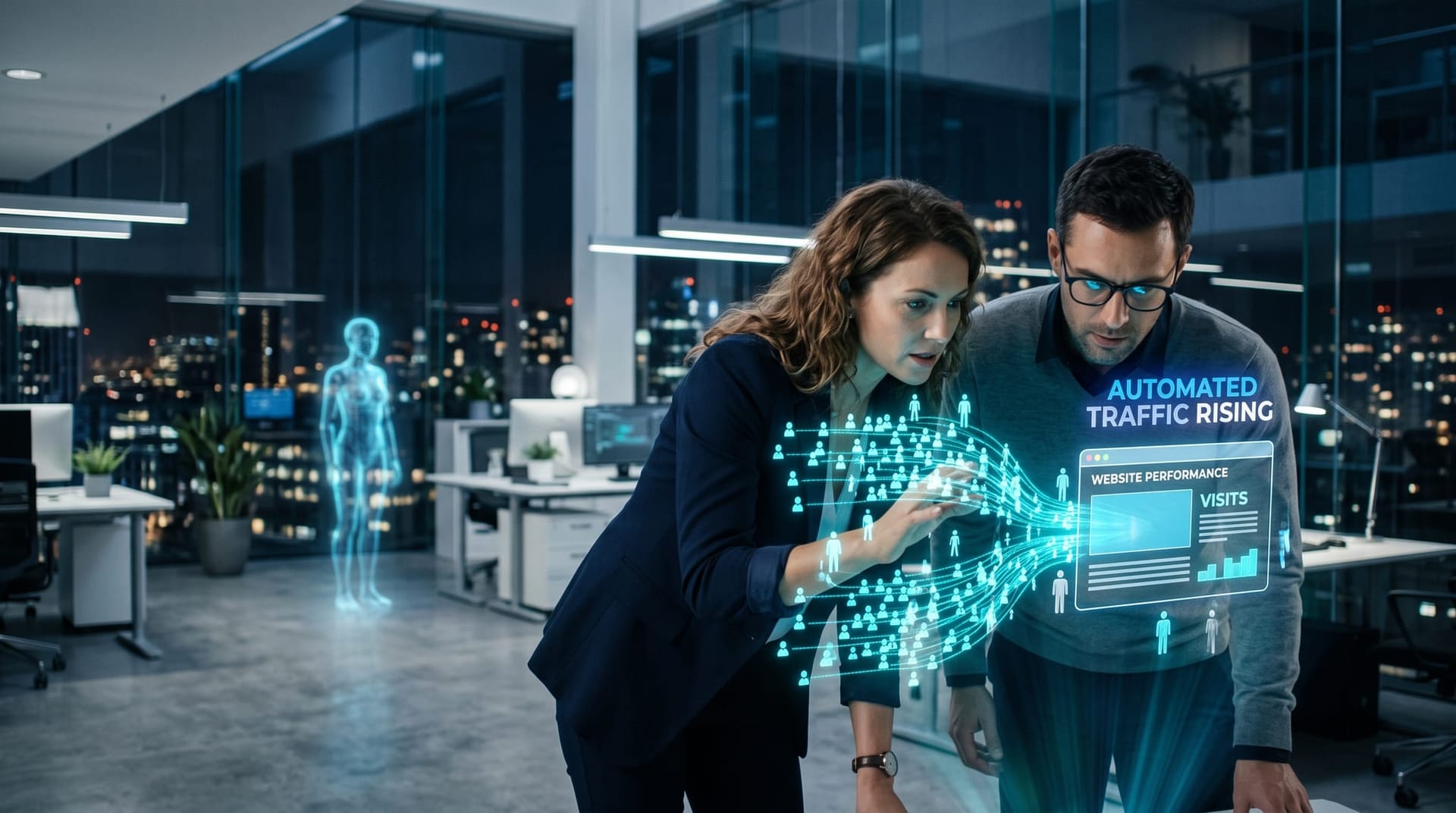Holographic visualization of automated AI agent traffic outnumbering human visitors flowing toward a business website