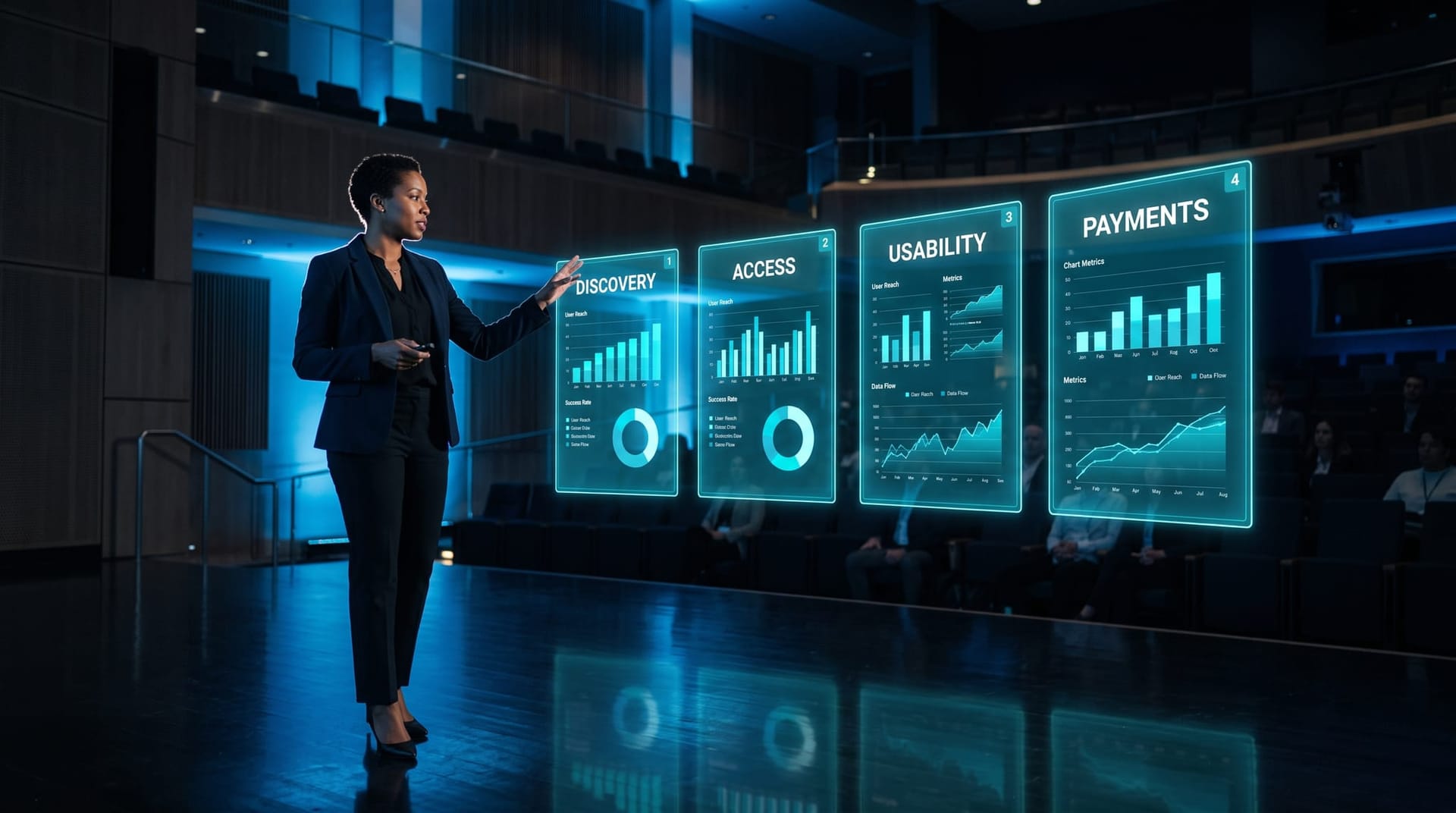 Four glowing holographic dimension panels for Discovery, Access, Usability and Payments in an AI agent website audit