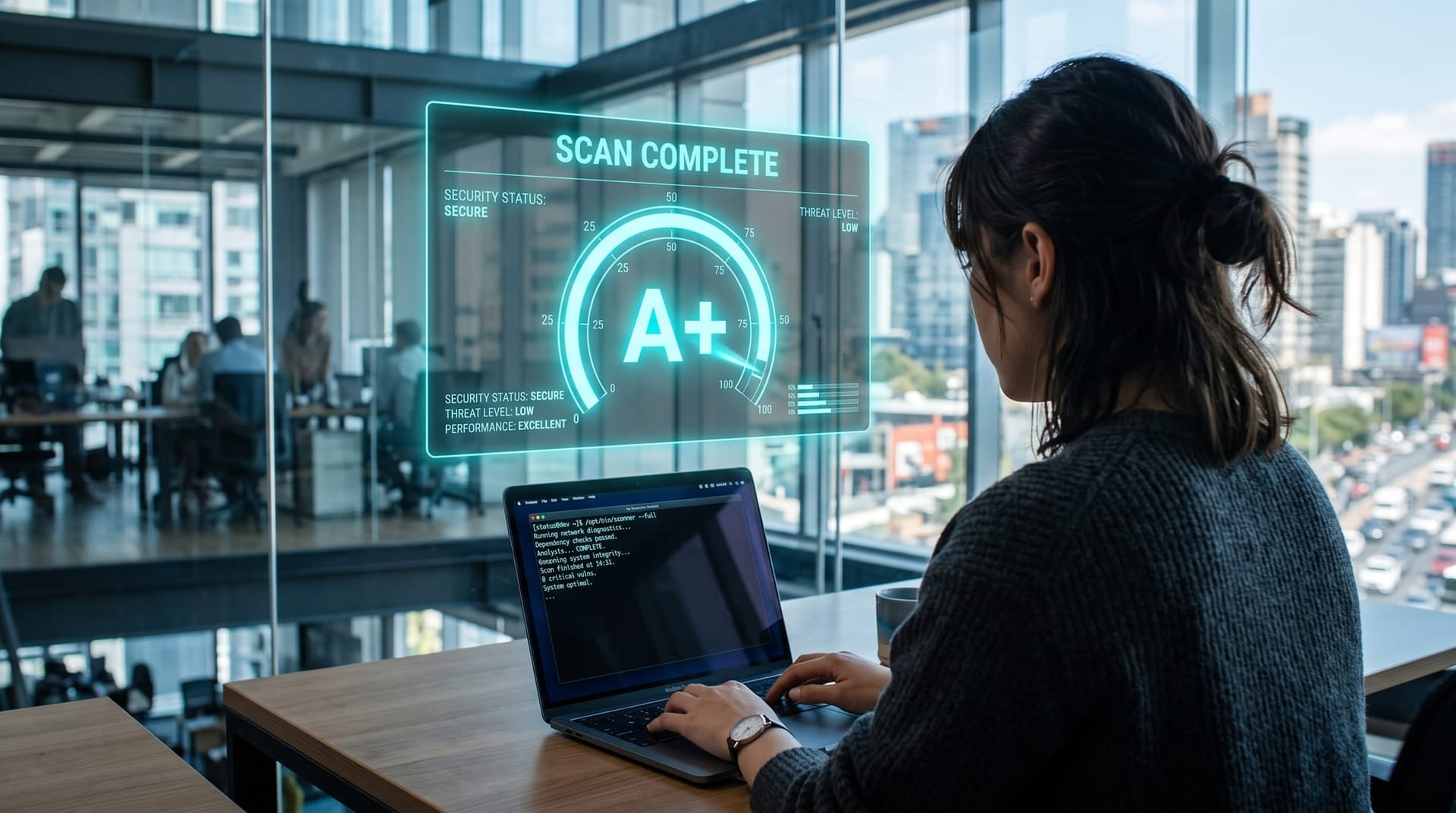 Developer running an agent-readiness command-line scan with a holographic score report projecting above the laptop