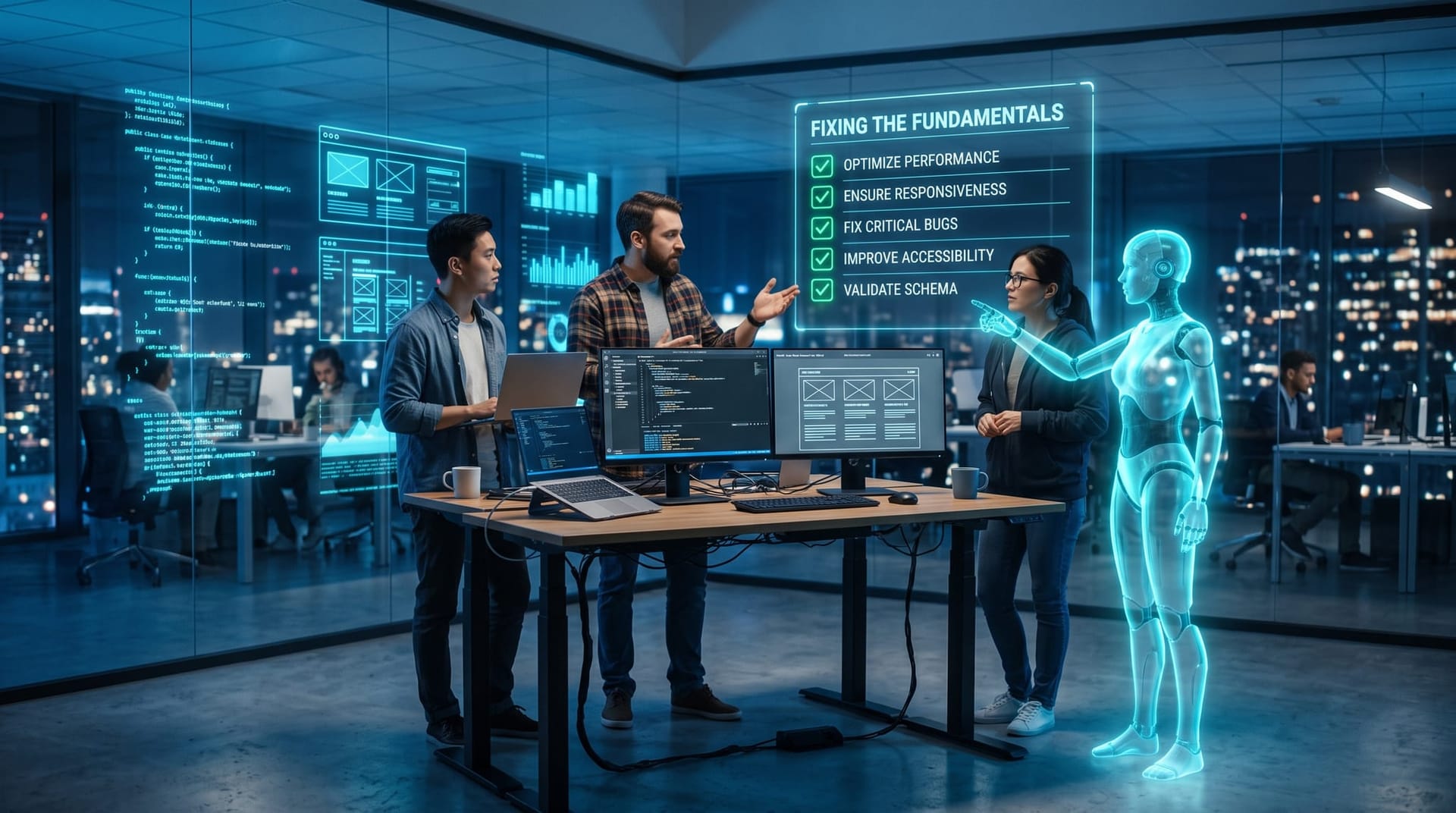 Web team collaborating on remediation fixes as a holographic AI figure highlights structured data and server-rendering repairs