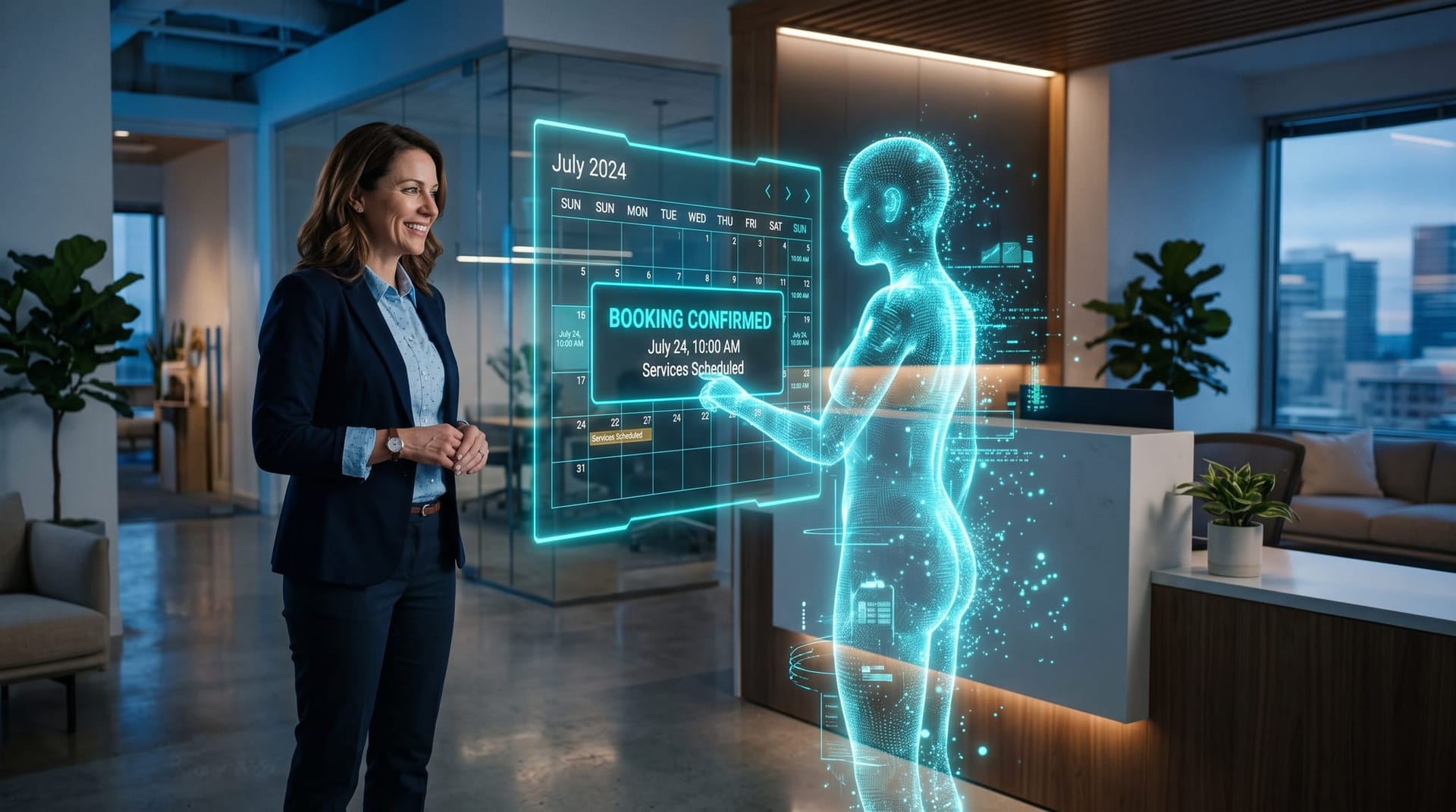 Fort Wayne home-services business owner watching an AI agent complete an online booking on a holographic interface