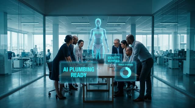 Diverse business team in glass-walled conference room with translucent holographic AI avatar, cyan 'AI PLUMBING READY' and 'IDENTITY VERIFIED' panels floating overhead