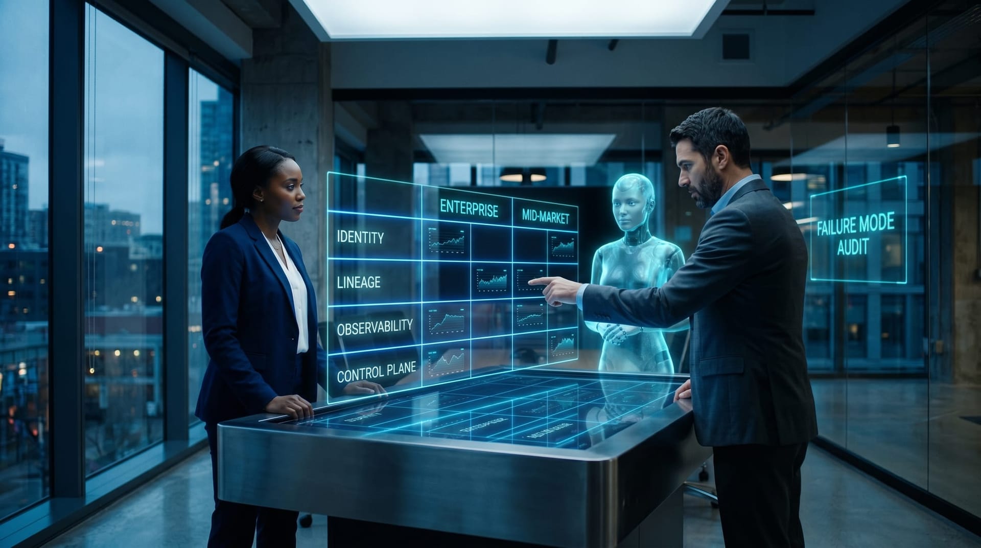 Business professionals study a floating cyan holographic audit matrix comparing enterprise and mid-market agentic AI infrastructure approaches in a glass-walled office