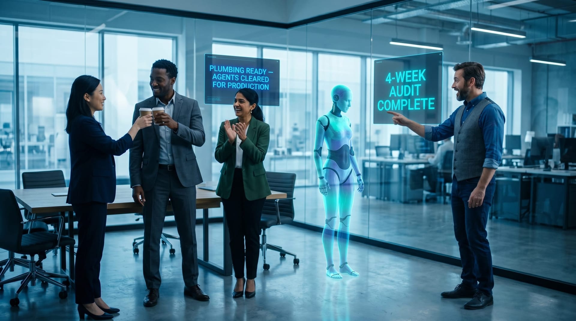 Business team toasting coffee cups with a glowing holographic AI avatar in a glass-walled office, cyan panel overhead reads 4-WEEK AUDIT COMPLETE signaling readiness