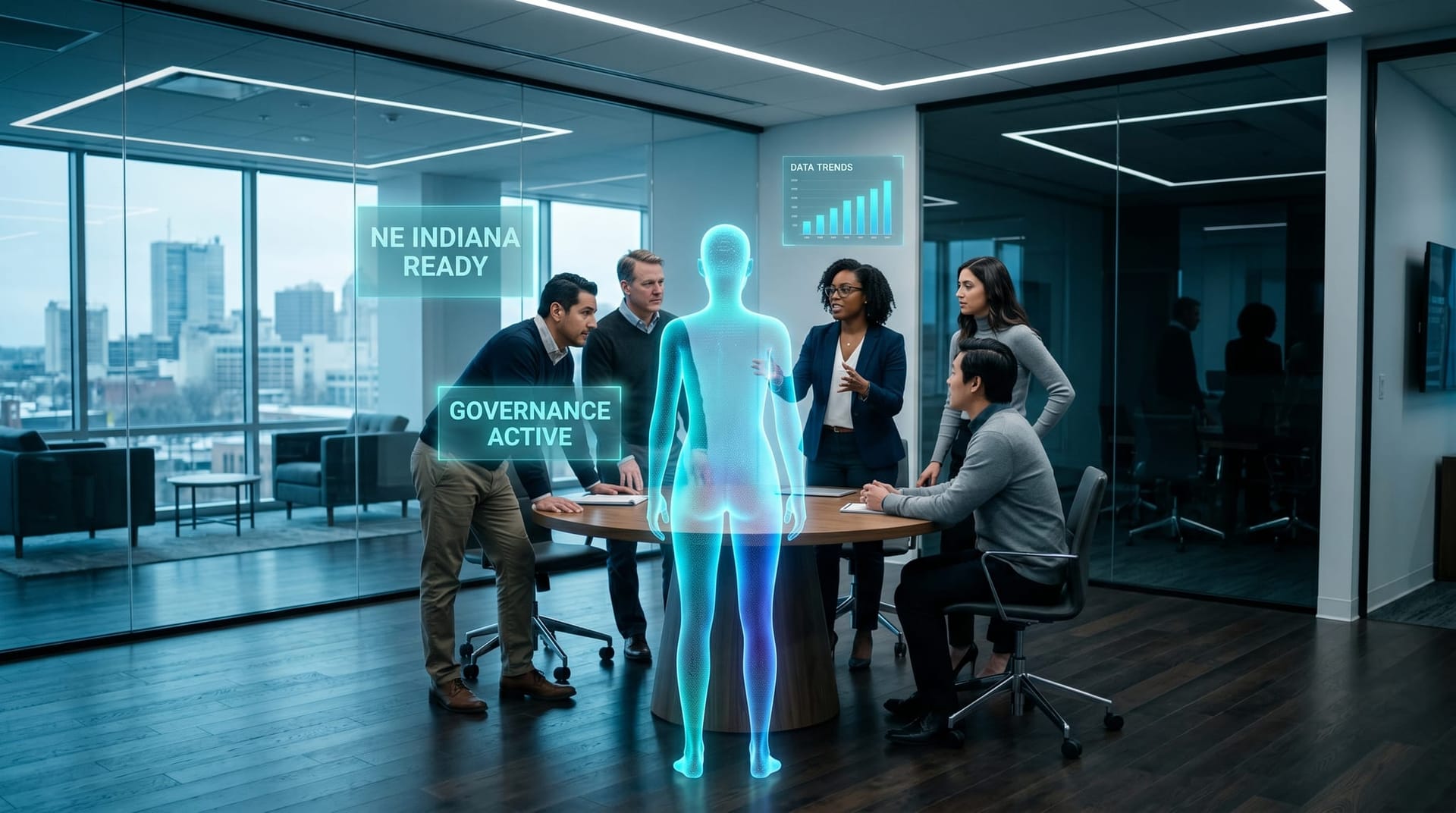 Northeast Indiana business professionals in a modern Fort Wayne glass-tower office with a holographic AI avatar and cyan panels showing NE INDIANA READY and GOVERNANCE ACTIVE