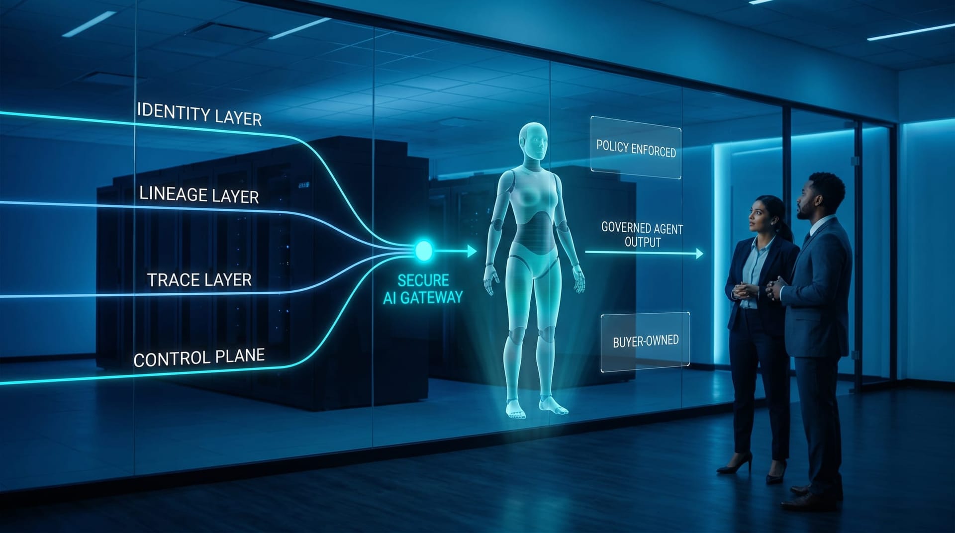 Holographic AI avatar stands at the center of a converging four-layer architecture diagram in cyan and electric blue, demonstrating a consolidated secure AI gateway