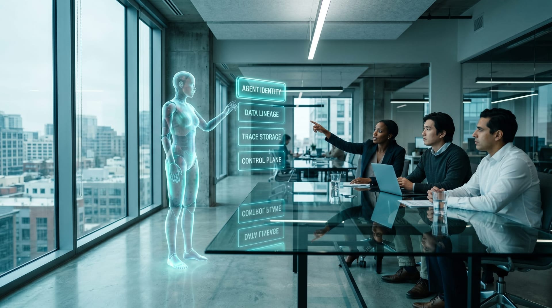 Holographic AI avatar presents four glowing cyan infrastructure layer panels to colleagues in a glass-walled office, illustrating agentic AI infrastructure readiness