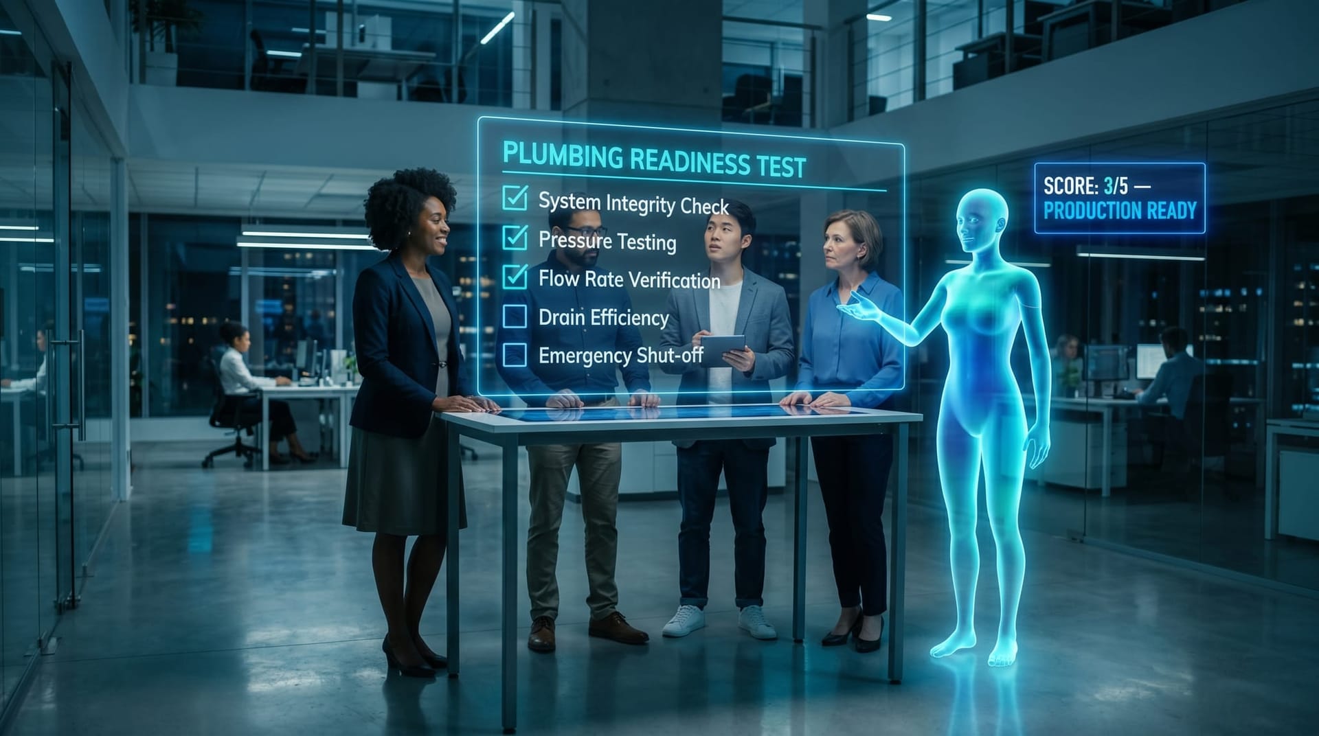 Diverse team in a modern office reviews a floating five-question cyan holographic readiness scorecard with a holographic AI employee avatar beside them