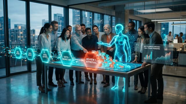 Operations team studying a holographic workflow map where the glowing bottleneck has shifted from a fast production node to a slower review-and-approval node