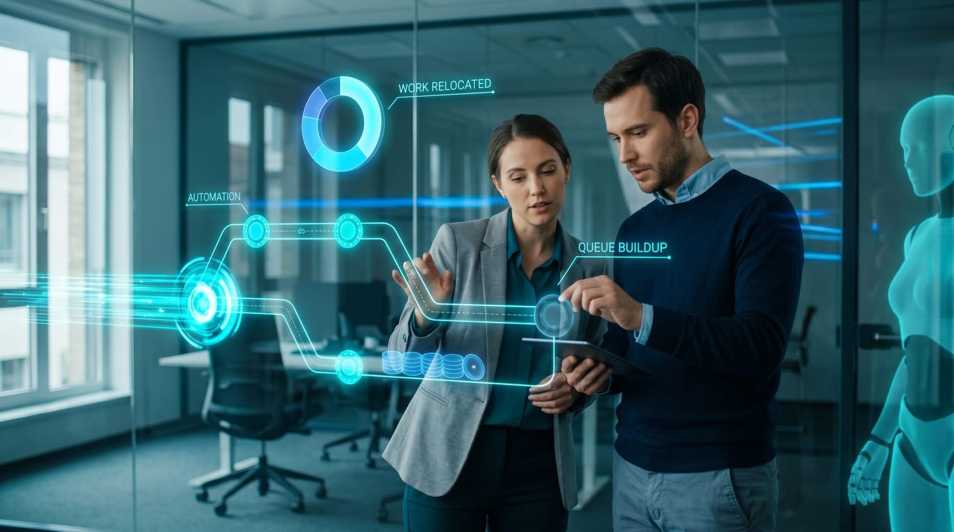 Colleagues watching a holographic pipeline where an automated production step runs instantly while the next human step becomes the new constraint
