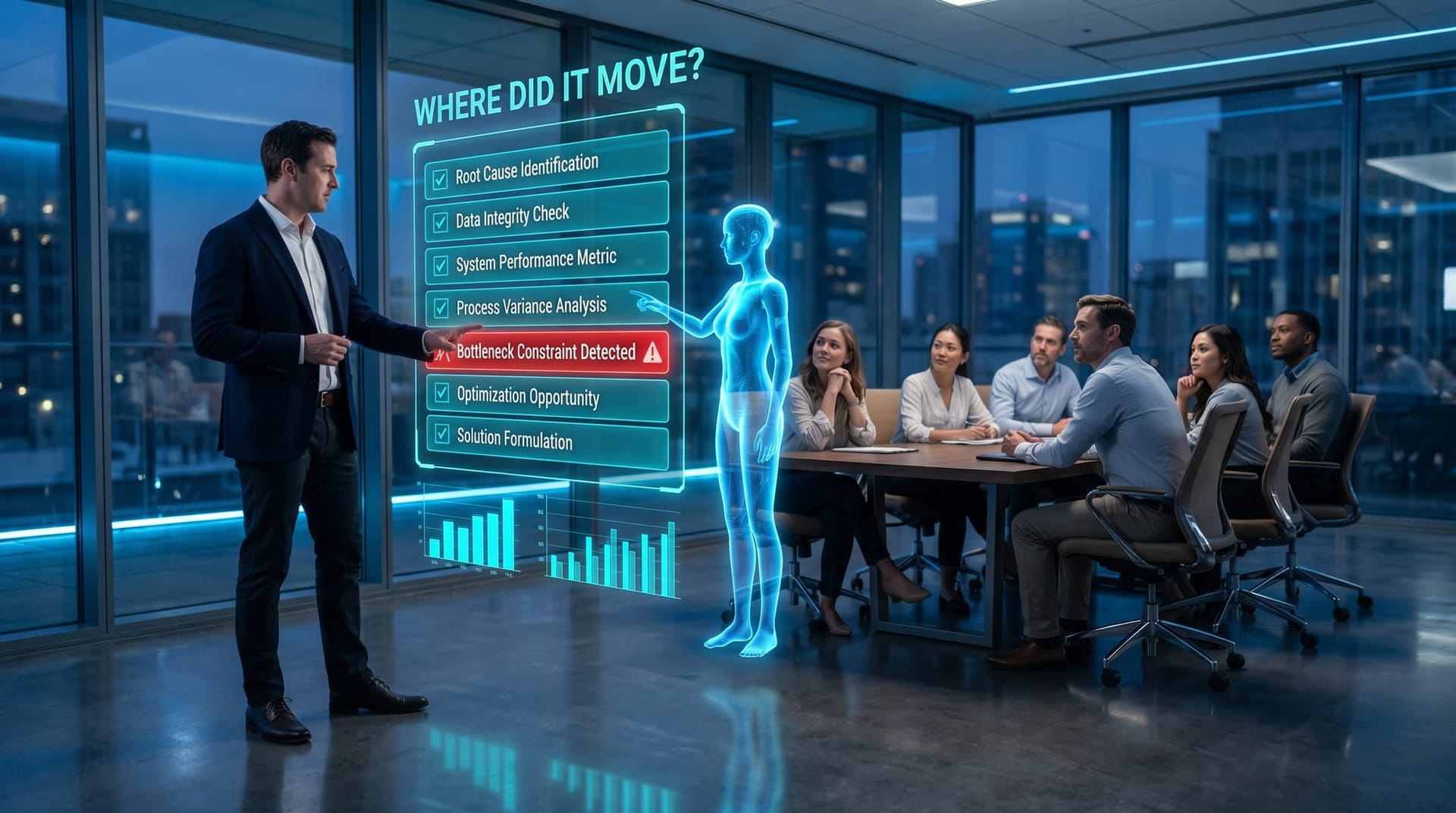 Operations lead running a diagnostic on a holographic dashboard that highlights which workflow step became the new bottleneck after automation