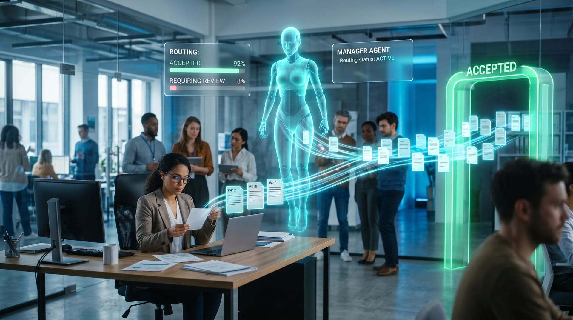 A Manager Agent hologram triaging a stream of AI-generated drafts, routing most through and flagging a few for a human reviewer at a checkpoint