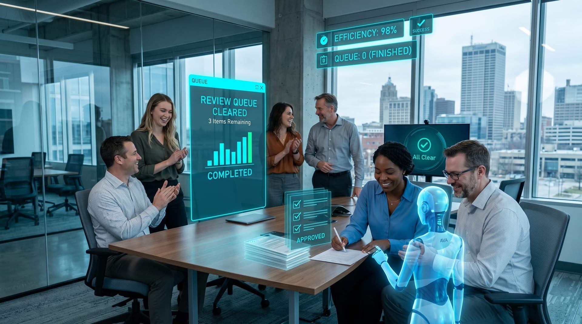 Northeast Indiana professional-services team in a Fort Wayne office watching the review queue shrink as a holographic AI assistant pre-checks client drafts