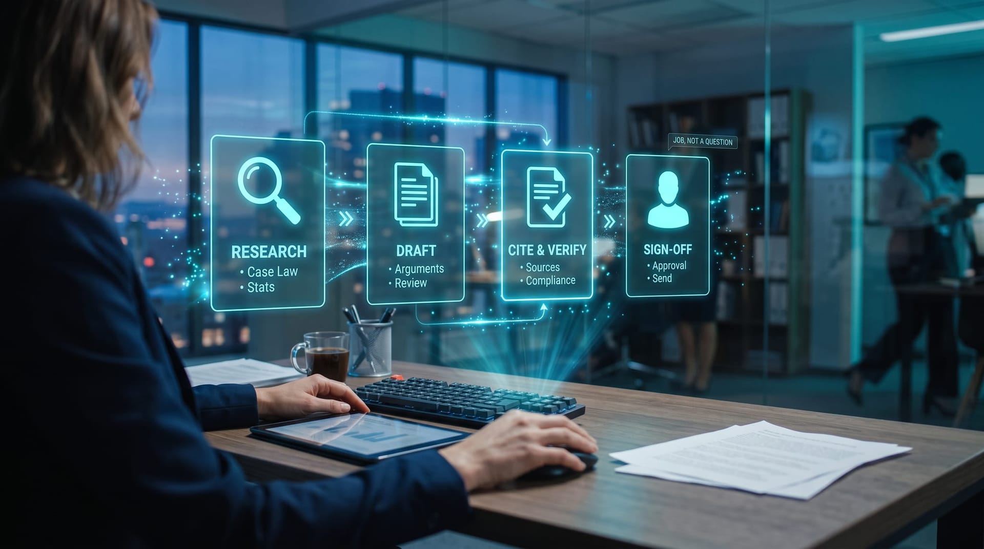 Floating cyan holographic workflow showing a multi-step document task moving from research to draft to citation to human sign-off above an office desk