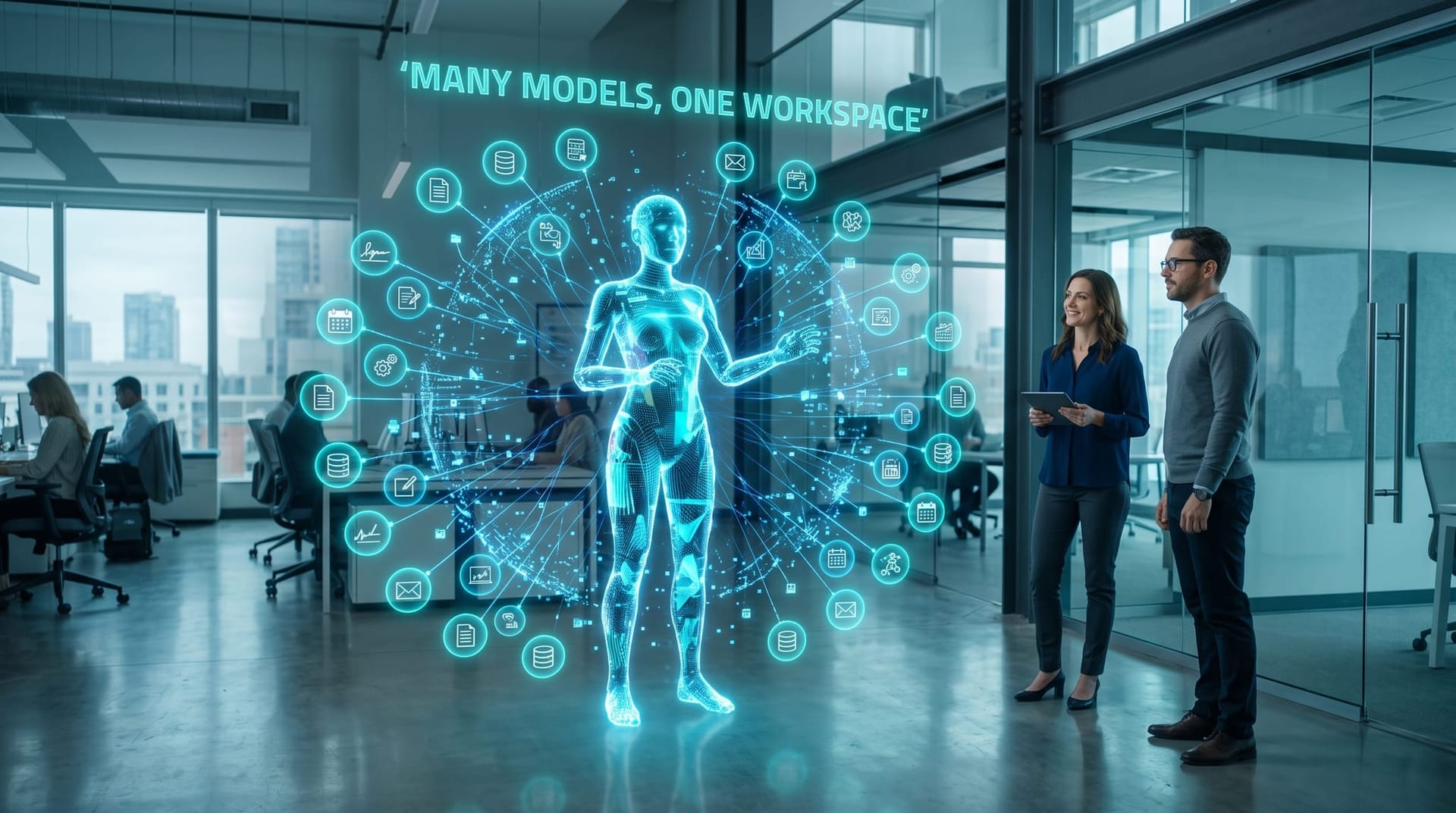 Translucent cyan AI avatar at the center of a hub-and-spoke hologram connecting to many tool and data-source icons via glowing blue lines
