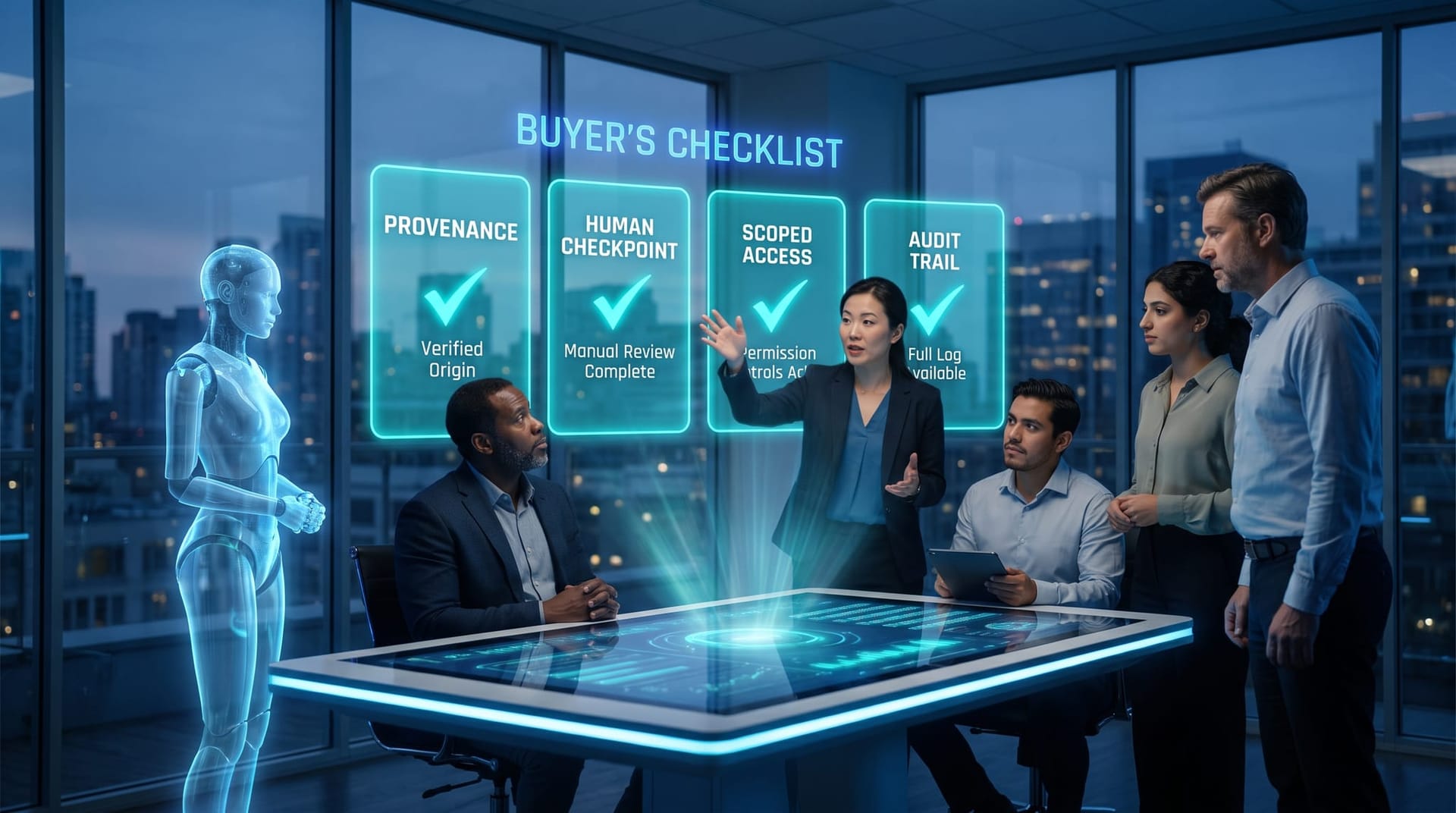 Business team reviewing a holographic four-point governance checklist with cyan panels for provenance, human checkpoint, scoped access and audit trail