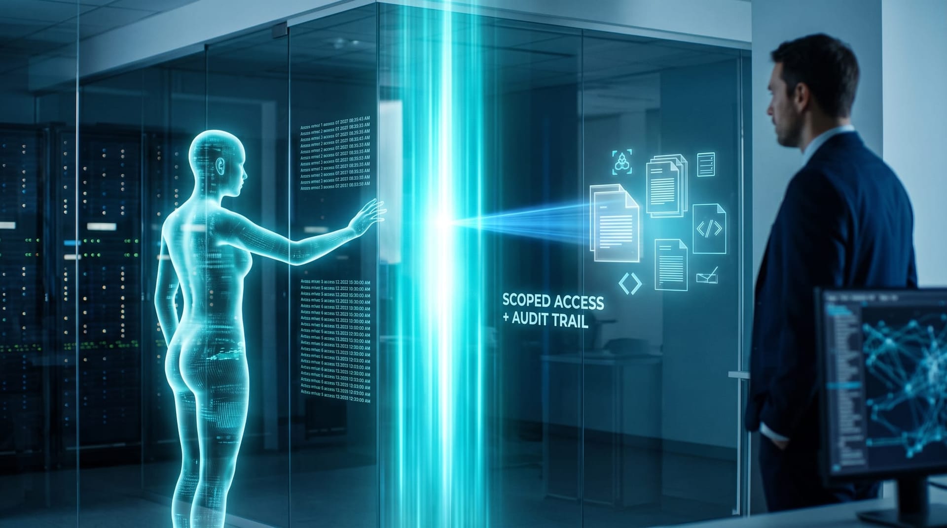 A glowing cyan gateway layer between an AI workspace avatar and a vault of client data, granting scoped access and logging every request