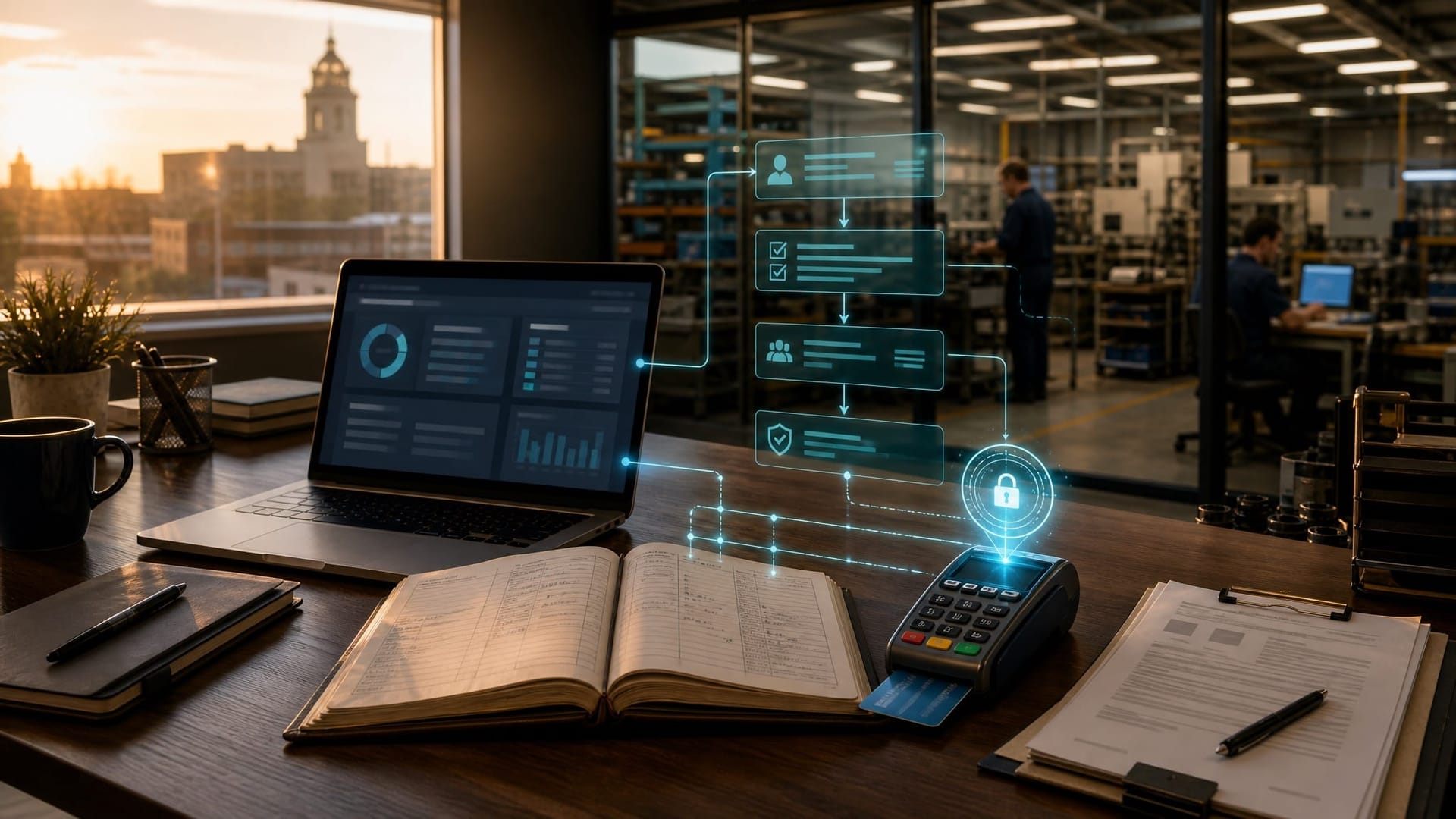 Mid-market business operations workspace with a laptop, an open ledger and a card-on-file payment terminal at golden hour, representing the AI agent intent contract and single-use token control pattern.