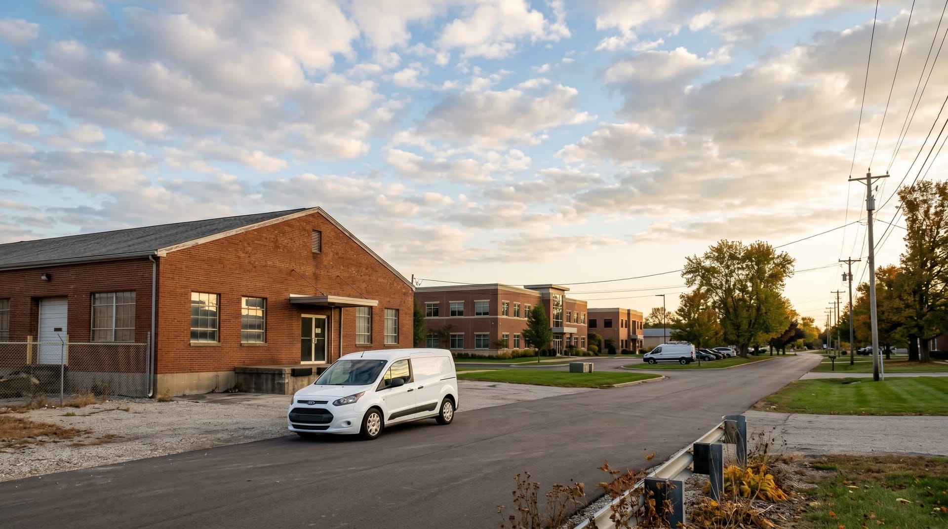 Late afternoon view of a Northeast Indiana light-industrial corridor with a small manufacturing building, a service van, and a low-rise office park silhouette under a wide sky.