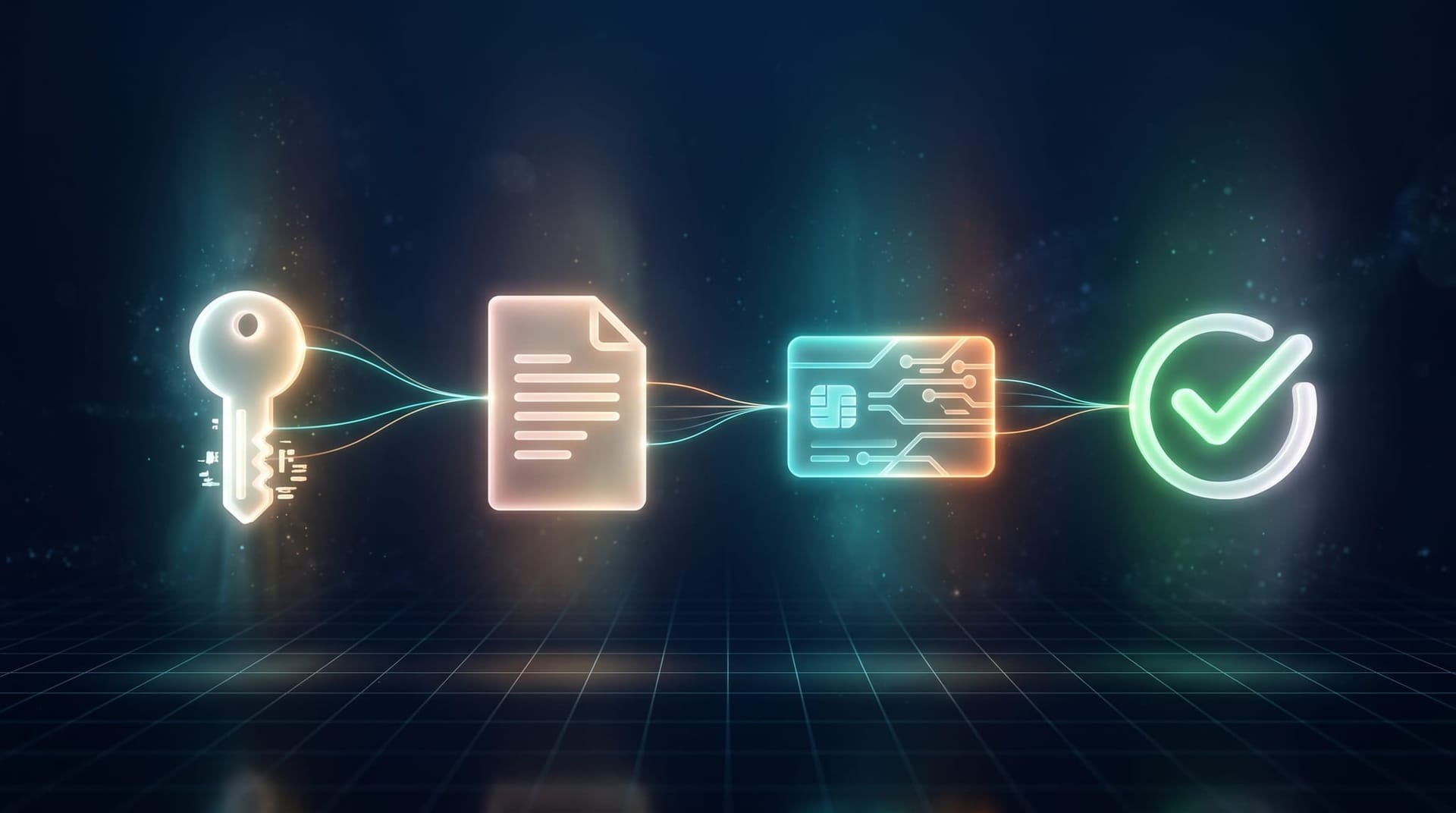 Clean architecture-diagram-style illustration of four glowing icons — a credential token, a contract document, a virtual card, and a human approval checkmark — connected on a dark grid background.
