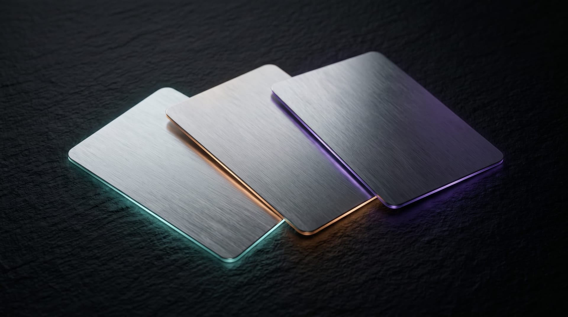 Conceptual illustration of three identical metallic payment cards each glowing a different color, fanned across a dark surface, representing single-use token issuance per AI agent transaction.